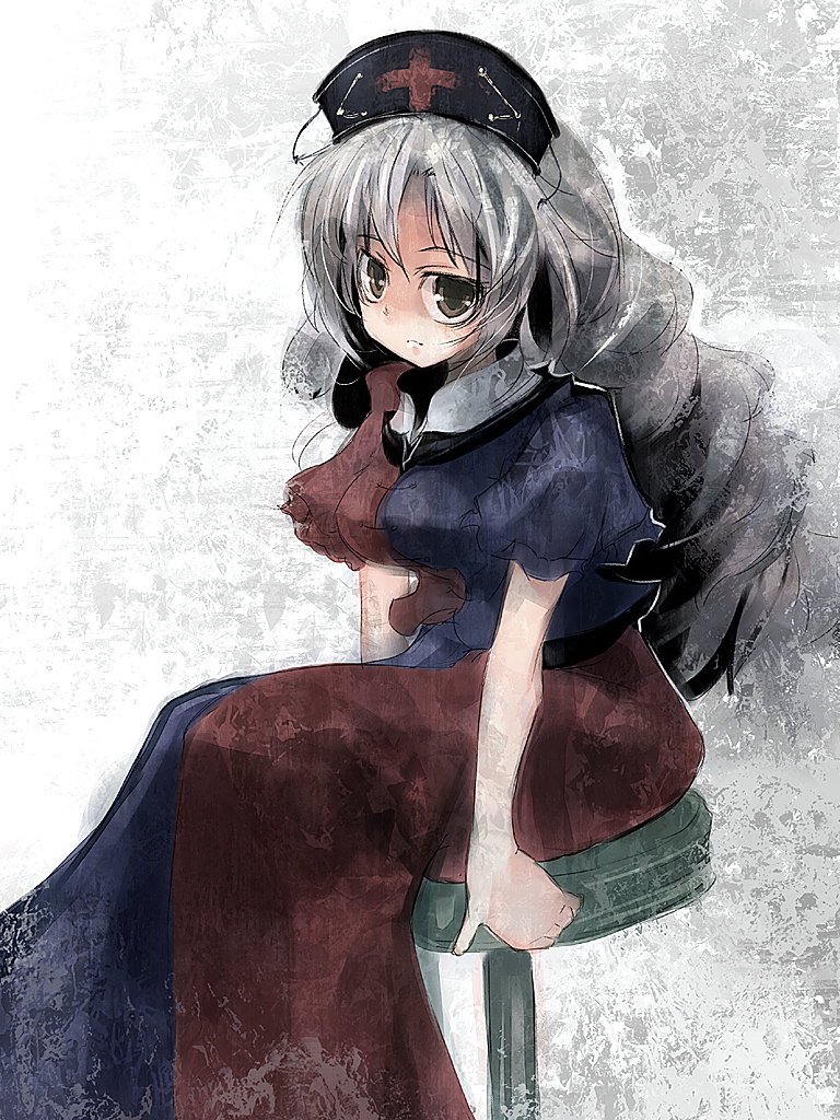 ukyo rst, yagokoro eirin, touhou, silver hair, 1girl, breasts, female focus, grey background, hat, long hair, sitting, solo, white background