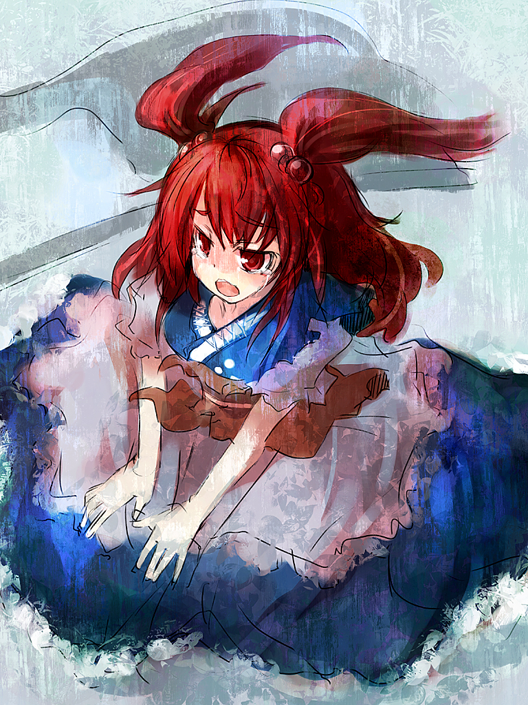 ukyo rst, onozuka komachi, touhou, 1girl, female focus, red hair, scythe, short hair, sitting, solo, tears