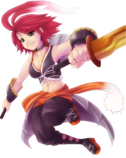 alkaid (.hack//), .hack//, .hack//g.u., .hack//games, bandai, cyber connect 2, 00s, 1girl, antenna hair, armpits, breasts, brown eyes, choker, cleavage, dual wielding, female focus, holding, jumping, leg lift, midriff, red hair, sandals, skirt, smile, solo, sword, weapon
