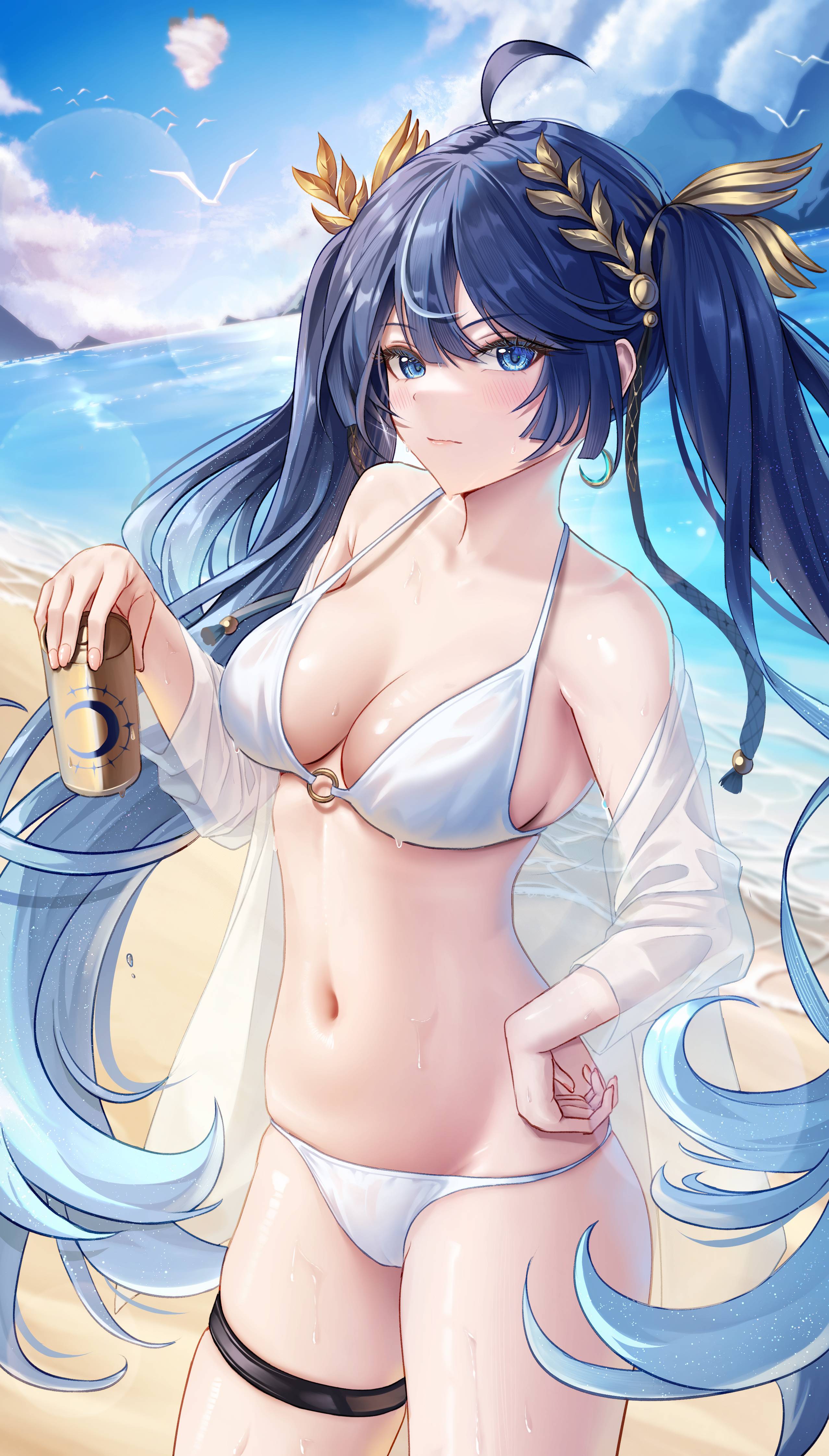 iuno (wuthering waves), wuthering waves, absurdres, commentary, highres, 1girl, ahoge, alternate costume, bare shoulders, bikini, blue eyes, blue hair, blue sky, blush, breasts, can, cleavage, closed mouth, collarbone, cowboy shot, crescent, crescent earrings, day, drink can, earrings, gradient hair, halterneck, hand on own hip, holding, holding can, jewelry, laurel crown, long hair, looking at viewer, medium breasts, multicolored hair, navel, o-ring, o-ring bikini, o-ring top, ocean, outdoors, sky, solo, stomach, streaked hair, string bikini, swimsuit, swimsuit cover-up, thigh strap, thighs, twintails, uromuromu, very long hair, wet, white bikini