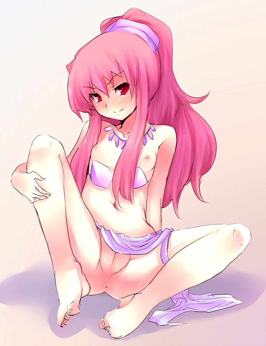 goban, louise francoise le blanc de la valliere, zero no tsukaima, 00s, 1girl, anus, bad anatomy, bad feet, barefoot, breasts, cleft of venus, feet, female focus, flat chest, jewelry, loli, long hair, necklace, nipples, pink hair, ponytail, poorly drawn, pussy, red eyes, solo, spread legs, uncensored