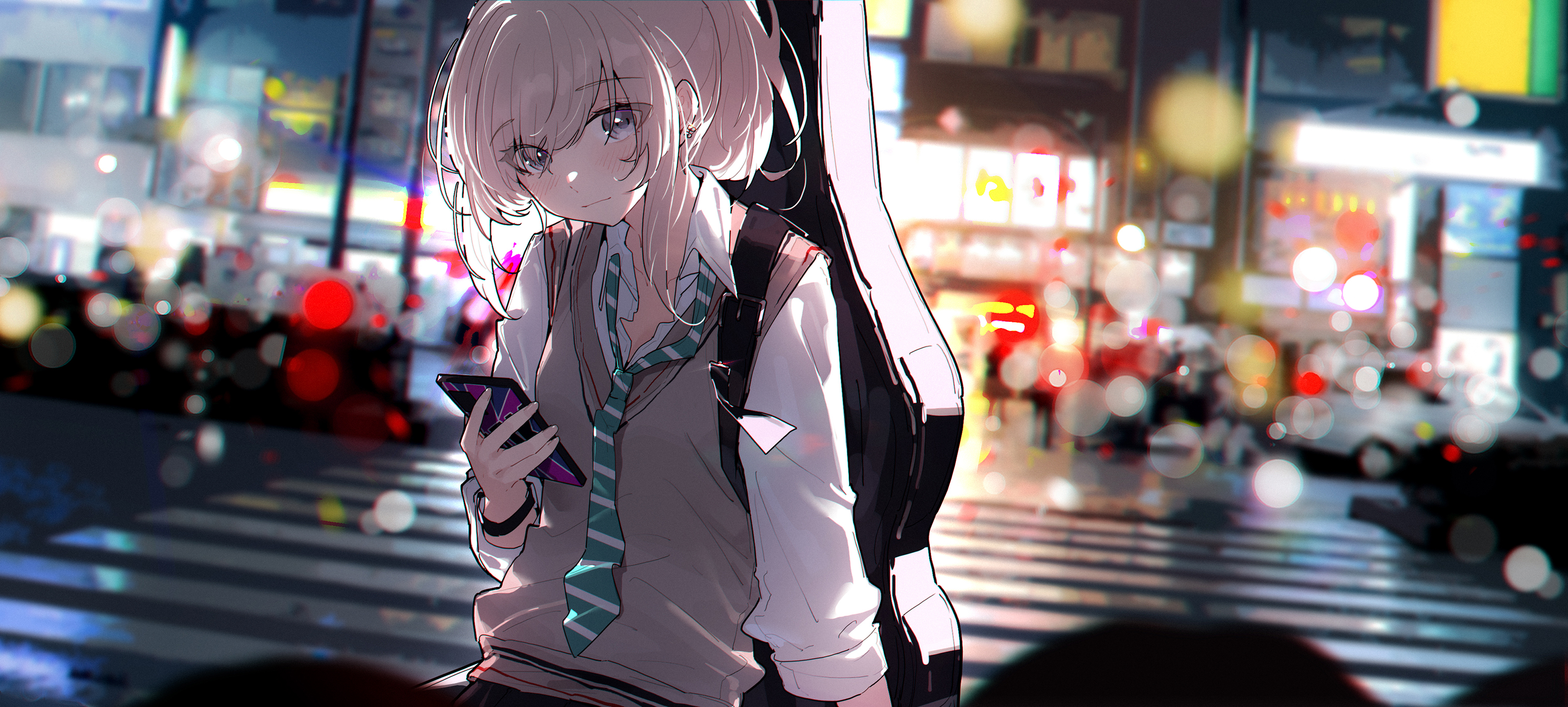 yun cao bing, kawaragi momoka, girls band cry, commentary request, highres, 1girl, blue necktie, blurry, blurry background, bokeh, cellphone, closed mouth, crosswalk, depth of field, ear piercing, grey eyes, grey hair, grey sweater vest, guitar case, holding, holding phone, instrument case, instrument on back, long hair, necktie, night, people, phone, piercing, ponytail, school uniform, sidelocks, smartphone, solo, sweater vest, watch, wristwatch