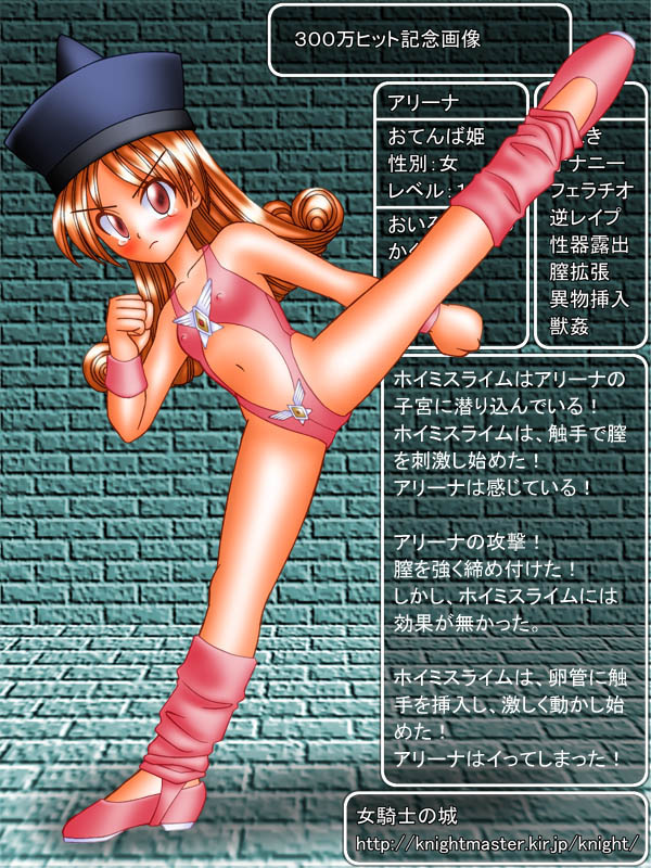 alena (dq4), chunsoft, dragon quest, dragon quest iv, enix, non-web source, translation request, brown eyes, brown hair, hat, kicking, leotard, long hair, pink leotard (dq), solo, tears, text focus