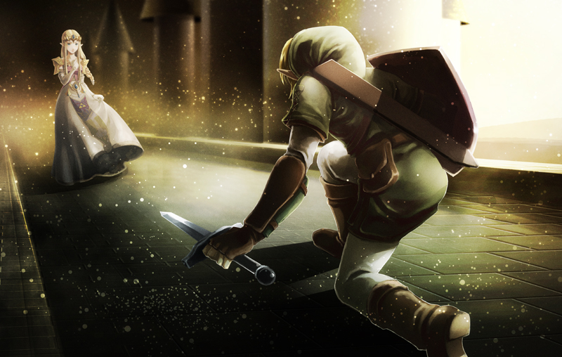 link, princess zelda, nintendo, the legend of zelda, the legend of zelda: twilight princess, 1boy, 1girl, blonde hair, brown hair, elf, epic, gloves, holding, holding sword, holding weapon, knife, on one knee, pointy ears, scabbard, sheath, shield, standing, sword, weapon