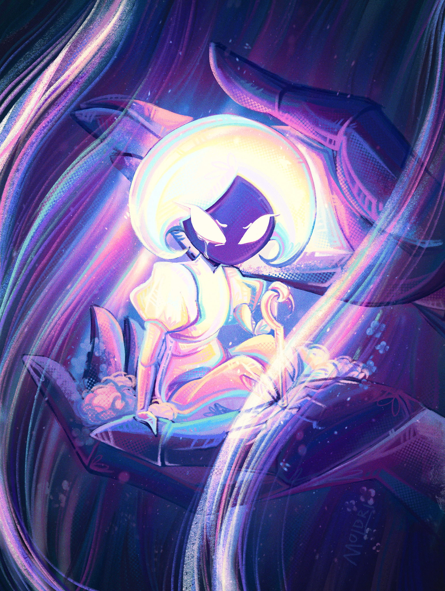 lace (hollow knight), hollow knight, hollow knight: silksong, commentary, english commentary, highres, 2girls, blank eyes, crack, dress, frown, giant, giantess, grand mother silk, in palm, looking at viewer, moldri, multiple girls, pin (hollow knight), silk, sitting, size difference, tears, white dress, white hair