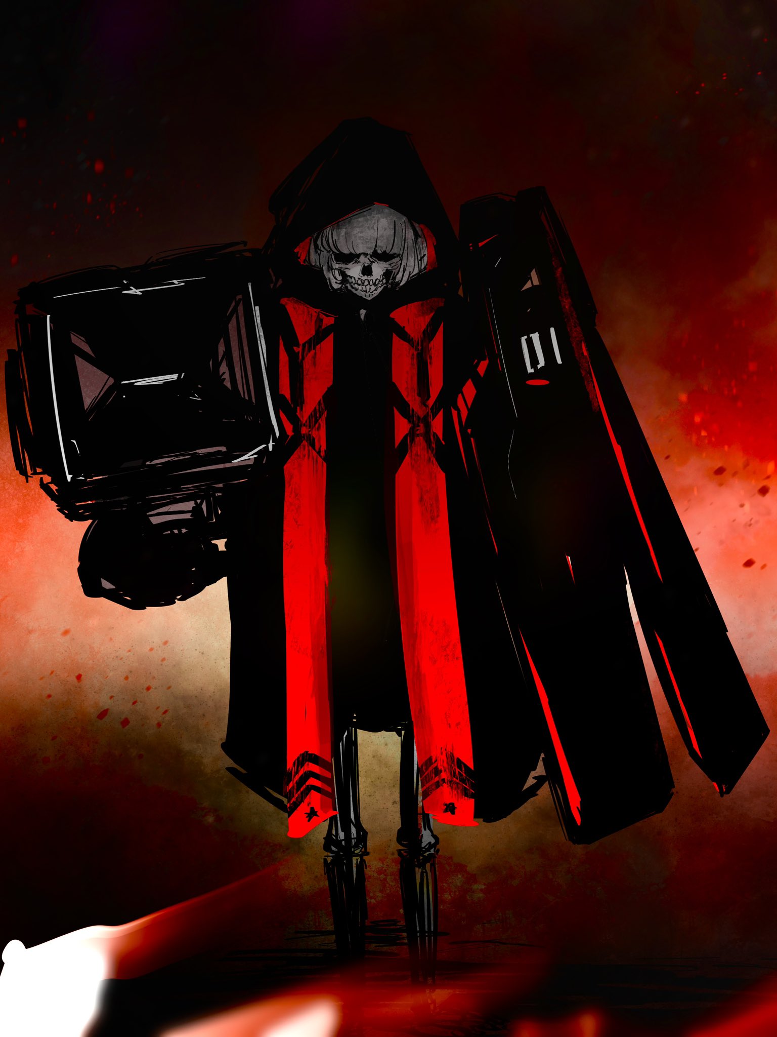vesti (nikke), vesti (tactical upgrade) (nikke), goddess of victory: nikke, commentary request, highres, 1girl, black coat, coat, full body, grey hair, hood, hood up, hooded coat, multicolored coat, official alternate costume, official alternate design, red coat, skull, solo, standing, two-tone coat, xrcxnn