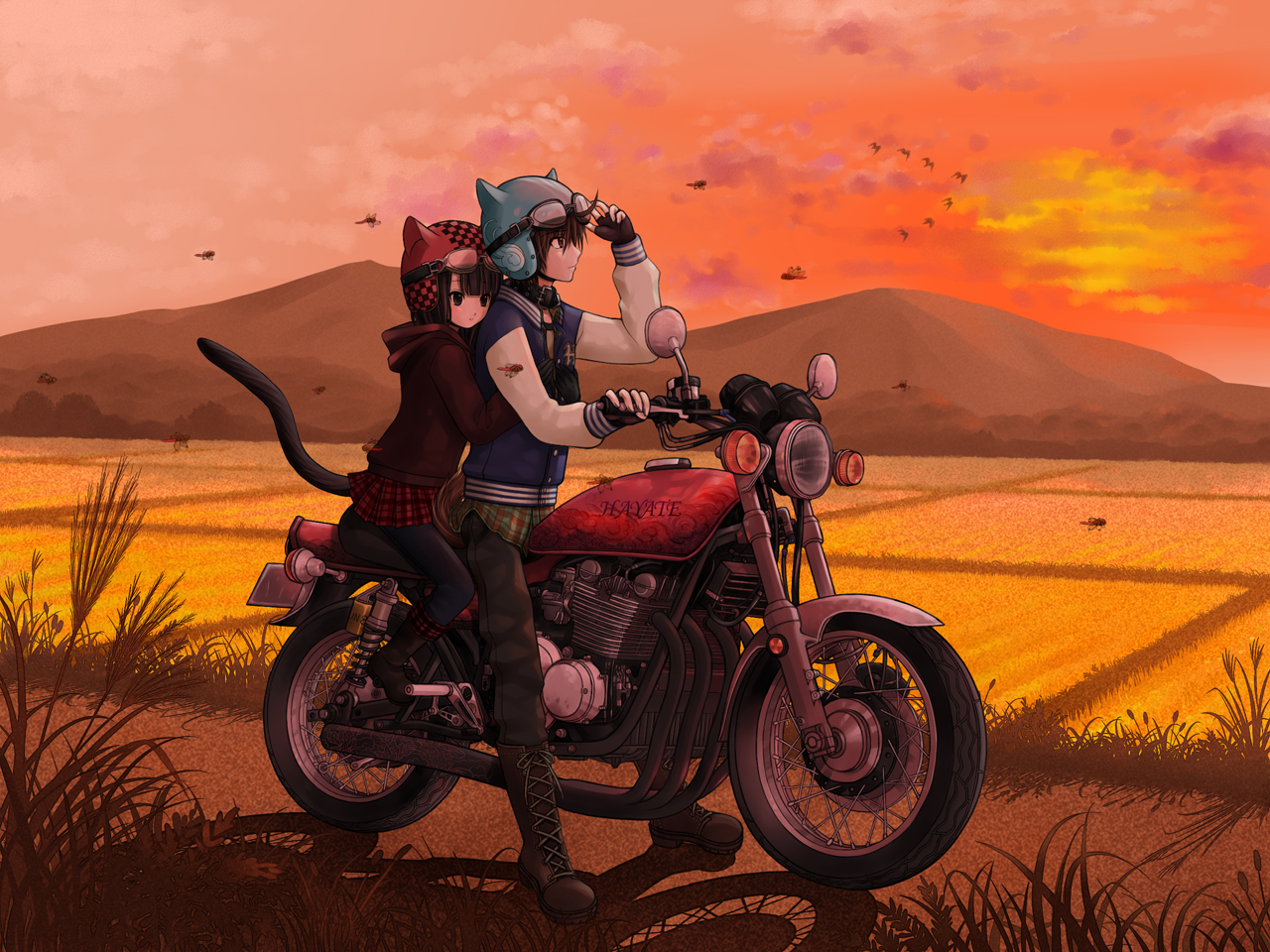kuroinu, kanzaki hayato, kanzaki miku, original, plaid, vehicle, 1boy, 1girl, animal ears, black eyes, black hair, blush, boots, brother and sister, brown eyes, brown hair, bug, cat ears, cat tail, cloud, denim, dog ears, dog tail, dragonfly, enticer, floral print, goggles, helmet, hetero, hug, hug from behind, insect, jacket, jeans, motor vehicle, motorcycle, mountain, multiple riders, outdoors, pants, siblings, skirt, sky, sunset, tail, wheat, yamaha