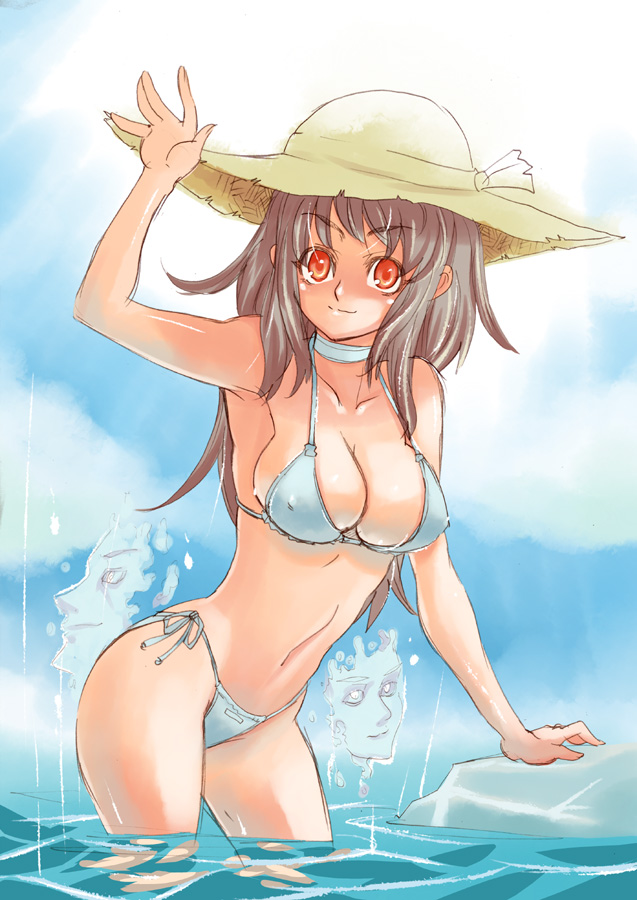 tsuutenkaaku, bikini, brown hair, hat, long hair, ocean, orange eyes, side-tie bikini bottom, solo, straw hat, swimsuit, water, waving, wet