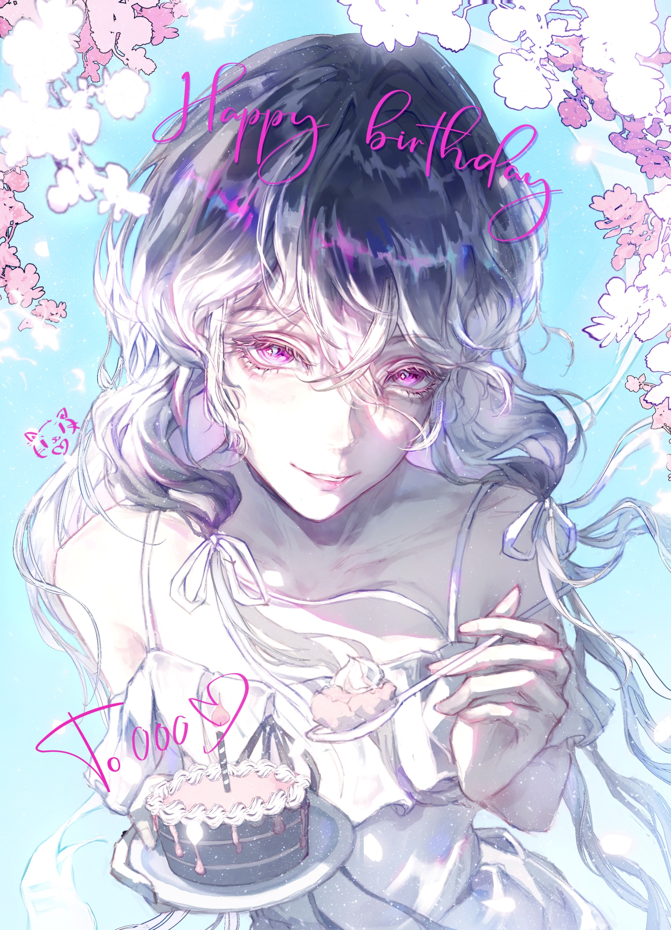 tangxi, 000 (path to nowhere), path to nowhere, absurdres, chinese commentary, commentary, highres, 1girl, bare arms, bare shoulders, birthday cake, blue background, cake, candle, character name, chemise, collarbone, crossed bangs, dress, floating hair, flower, food, grey hair, hair between eyes, happy birthday, holding, holding plate, holding spoon, incoming food, light particles, long hair, looking at viewer, low-tied sidelocks, parted lips, pink flower, plate, purple eyes, sidelocks, simple flower, smile, solo, spaghetti strap, spoon, straight-on, upper body, white chemise, white dress