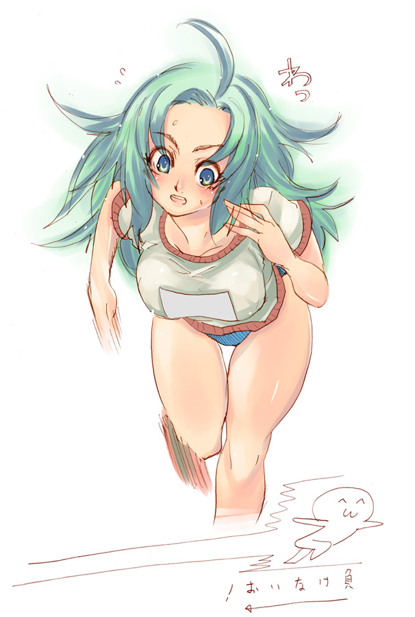 tsuutenkaaku, green eyes, green hair, gym uniform, legs, long hair, running, solo