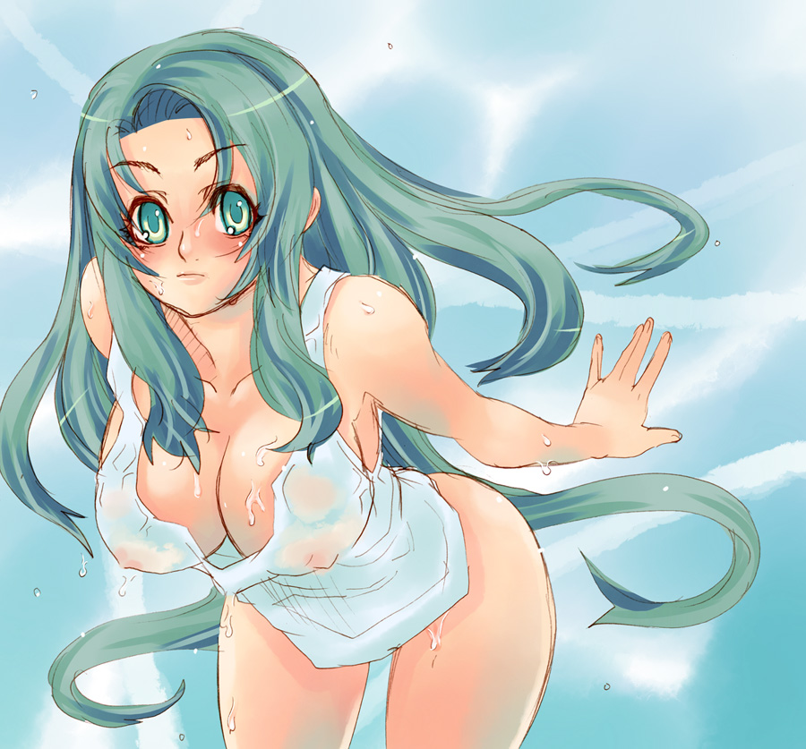tsuutenkaaku, bent over, blush, breasts, cleavage, green eyes, green hair, large breasts, long hair, see-through clothes, solo, wet, wet clothes