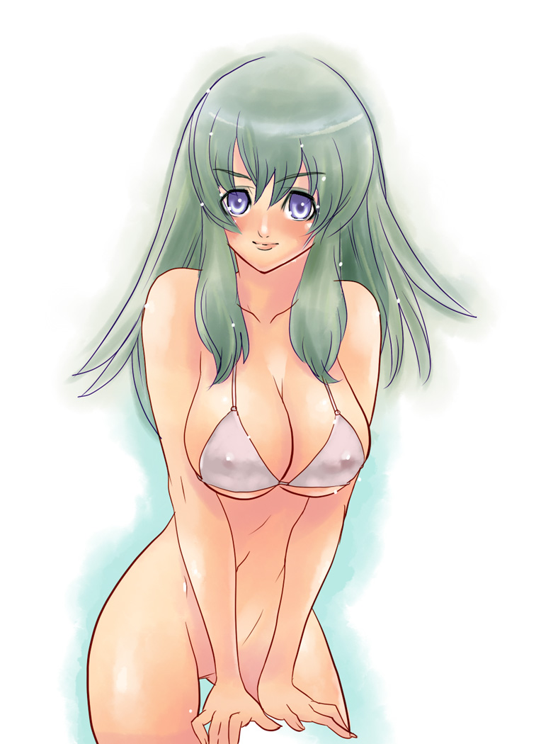 tsuutenkaaku, bikini, bikini top only, blue eyes, blush, bottomless, breasts, green hair, large breasts, long hair, solo, swimsuit, white bikini