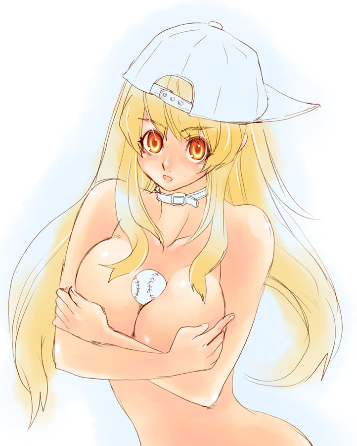 tsuutenkaaku, ball, baseball, blonde hair, breasts, choker, hat, large breasts, long hair, nude, orange eyes, solo