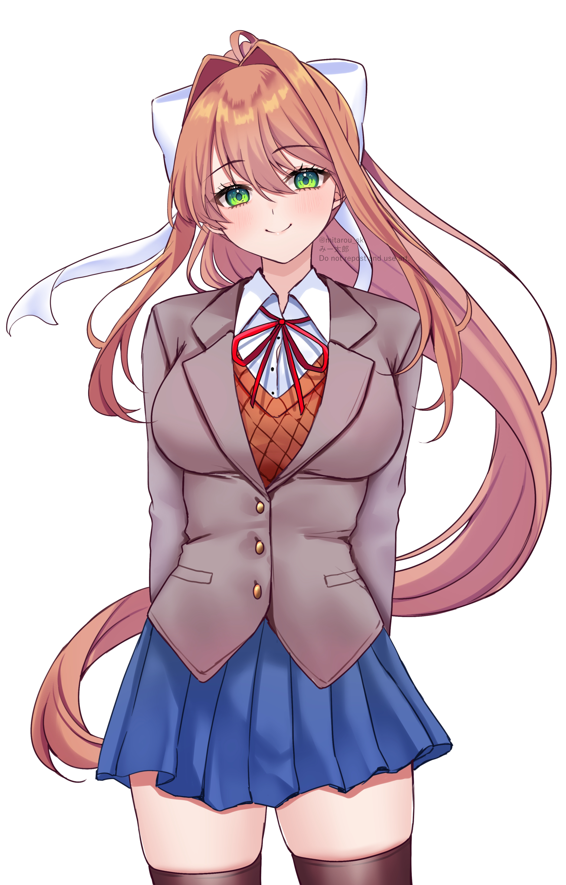 mi tarou0412, monika (doki doki literature club), doki doki literature club, absurdres, highres, 1girl, breasts, brown hair, green eyes, hair ribbon, large breasts, long hair, looking at viewer, pleated skirt, ribbon, school uniform, simple background, skirt, smile, solo, thighs, very long hair, white background