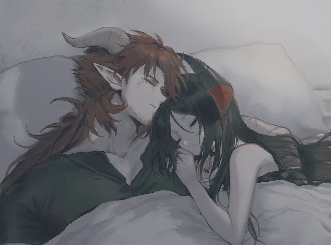hoederer (arknights), ines (arknights), arknights, 1boy, 1girl, bare shoulders, beard stubble, black hair, black horns, black nails, black shirt, brown hair, closed eyes, dr 274, facial hair, grey horns, head on another's shoulder, hetero, horns, long hair, lying, on back, on side, parted bangs, pointy ears, scar, scar on face, shirt, sleeping, sleeping on person, stubble, under covers