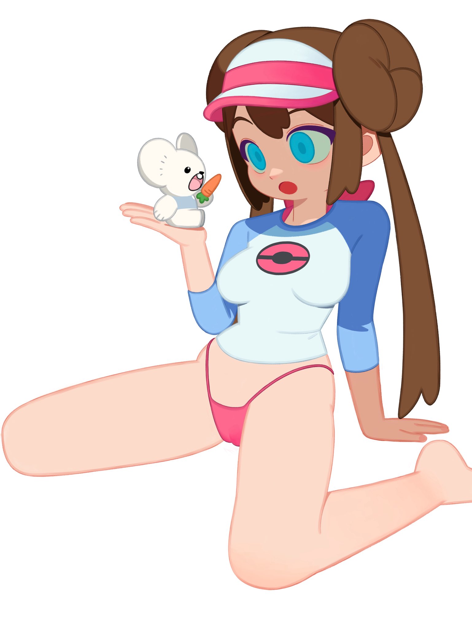 monster l (hochihochiha), rosa (pokemon), nintendo, pokemon, pokemon bw2, highres, 1girl, blue eyes, bow, breasts, brown hair, double bun, food, hair bun, long hair, open mouth, panties, pink bow, pokemon (creature), raglan sleeves, sitting, twintails, underwear, visor cap, wariza