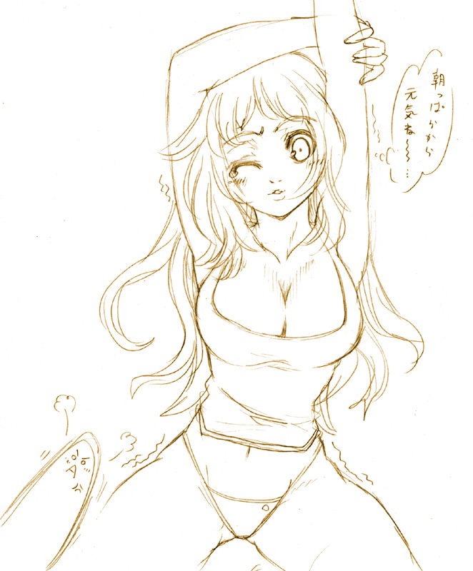tsuutenkaaku, breasts, cleavage, cowboy shot, large breasts, long hair, monochrome, outline, panties, solo, stretching, tears, underwear