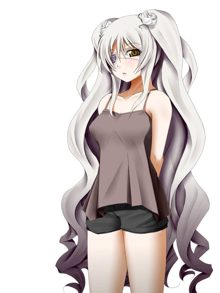 chemical-x, barasuishou, kirakishou, rozen maiden, silver hair, non-web source, 00s, 1girl, brown eyes, casual, eyepatch, female focus, flower, long hair, shorts, solo, very long hair
