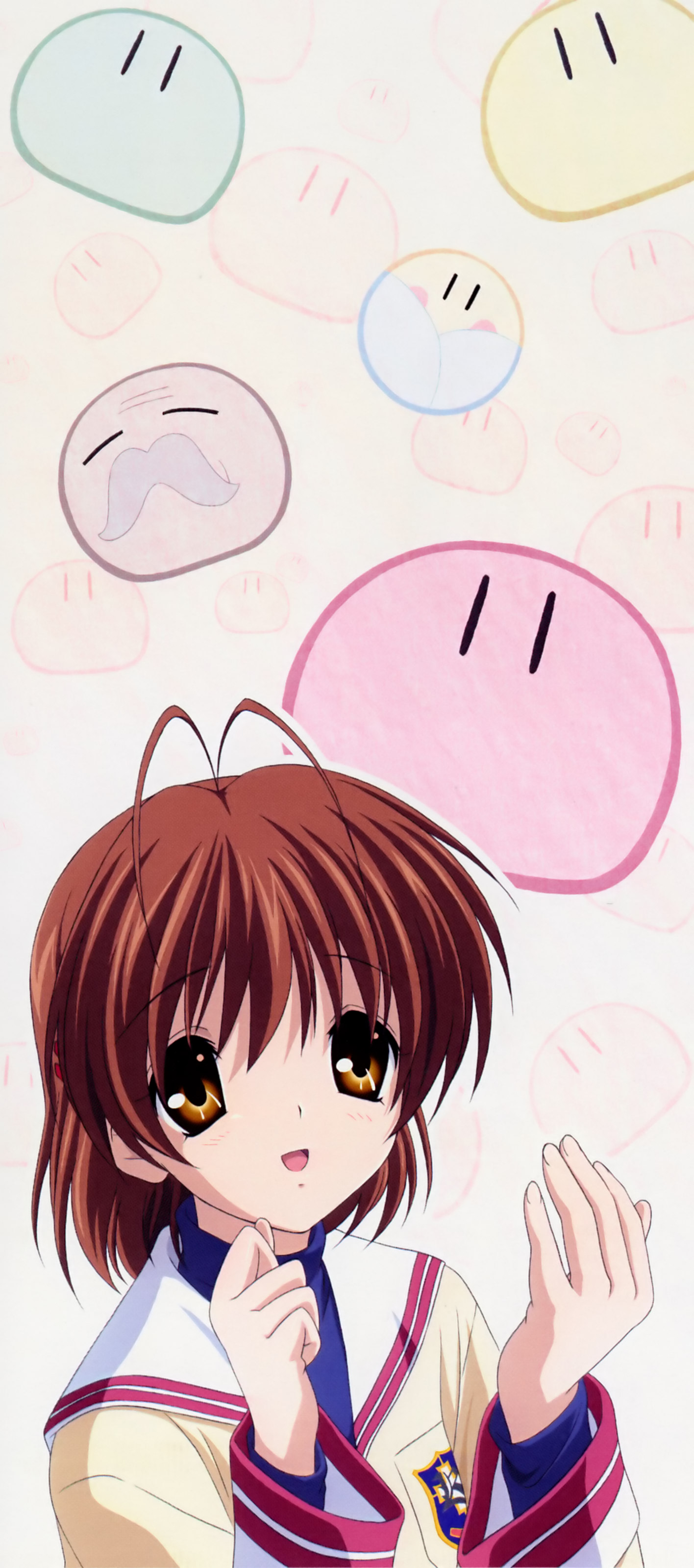 elder dango, furukawa nagisa, clannad, dango daikazoku, absurdres, highres, long image, official art, scan, tall image, 00s, antenna hair, dango, food, school uniform, serafuku, solo, wagashi