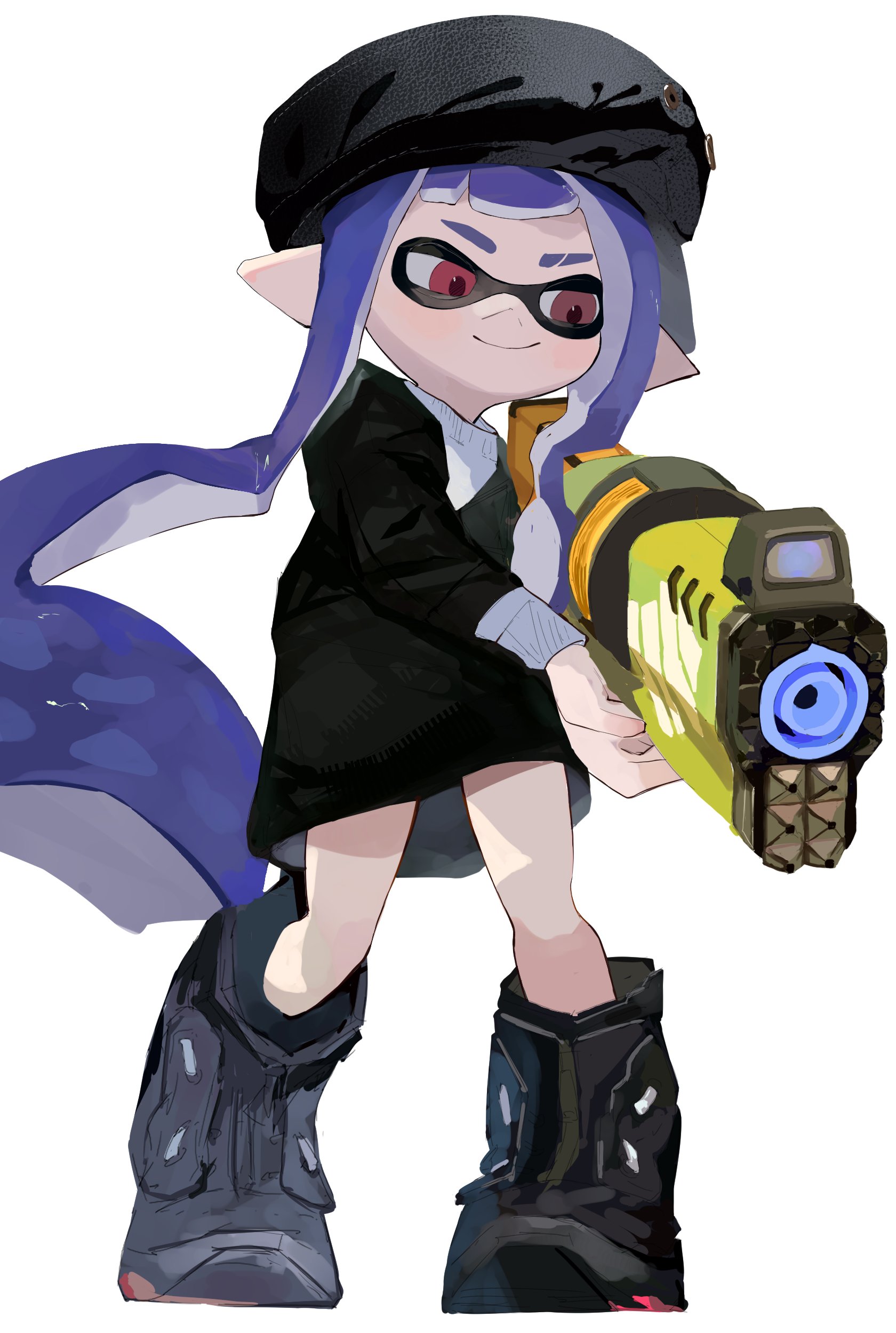 m46 u, inkling girl, inkling player character, nintendo, splatoon (series), splatoon 3, absurdres, commentary, highres, 1girl, beret, black boots, black hat, black jacket, boots, closed mouth, eyebrow cut, full body, hat, hero shot (splatoon 3), holding, holding weapon, inkling, jacket, long hair, long sleeves, pointy ears, purple hair, red eyes, simple background, smile, solo, standing, sweater, tentacle hair, turtleneck, turtleneck sweater, twintails, very long hair, weapon, white background, white sweater