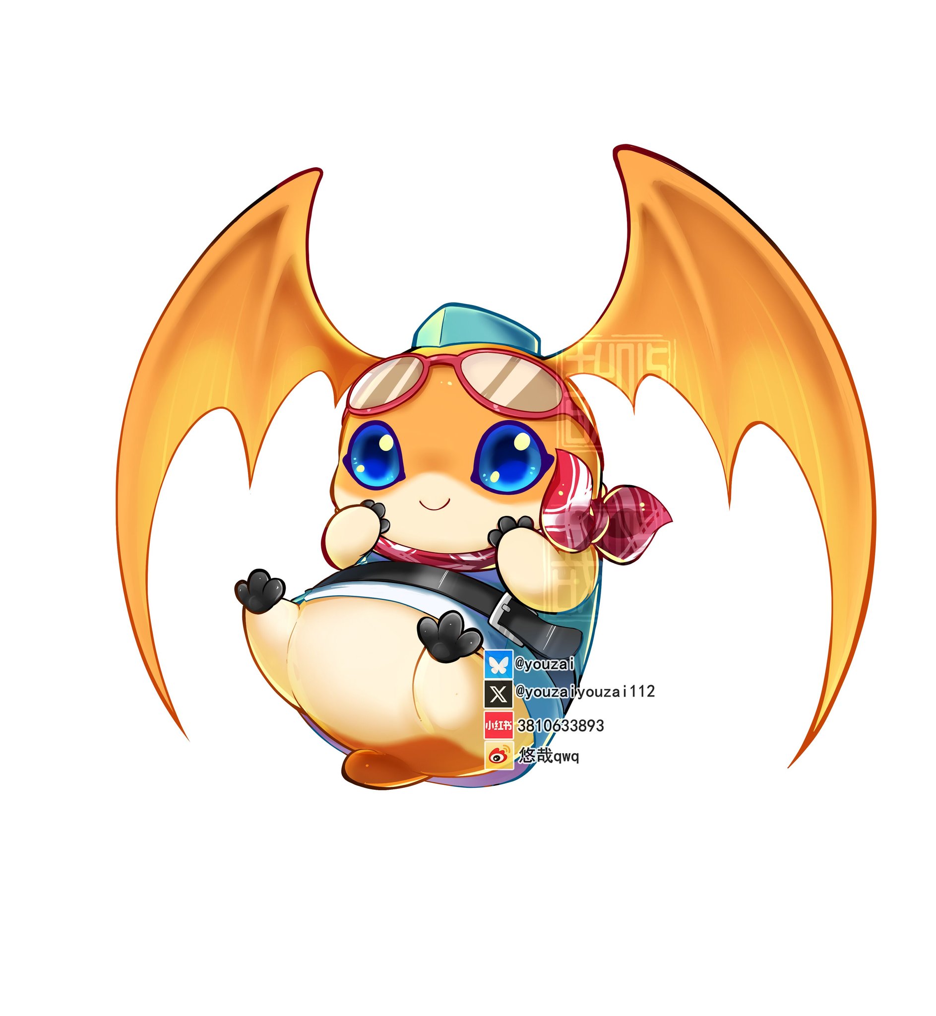 youzaiyouzai112, patamon, digimon, highres, artist name, blue eyes, bluesky logo, bluesky username, clothed digimon, digimon (creature), eyewear on head, head wings, looking at viewer, no humans, orange fur, red-framed eyewear, simple background, solo, twitter username, twitter x logo, watermark, white background, wings