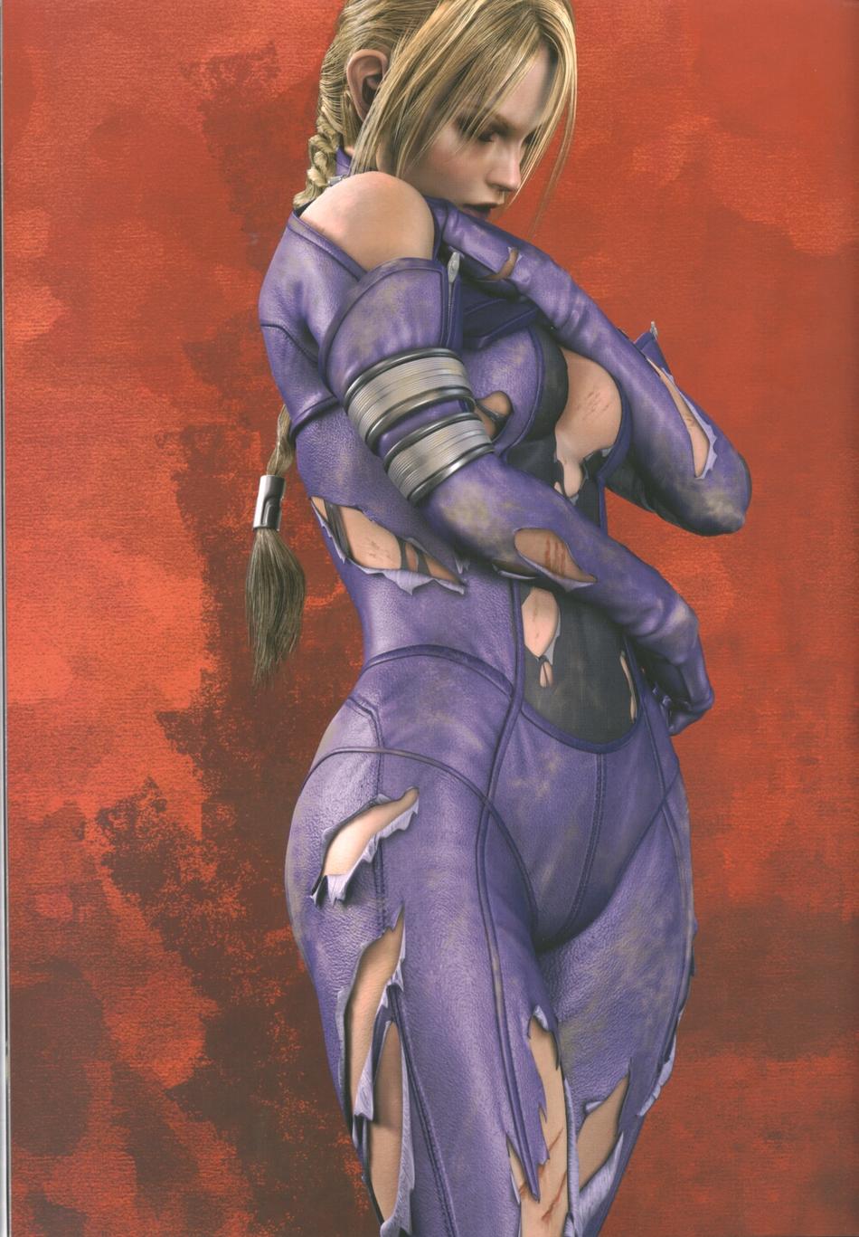 nina williams, death by degrees, namco, tekken, tekken 2, tekken 3, tekken 4, tekken 5 (dark resurrection), tekken tag tournament, highres, official art, 1girl, 3d, bare shoulders, blonde hair, bodysuit, braid, closed eyes, dirt, dirty, female focus, solo, torn clothes