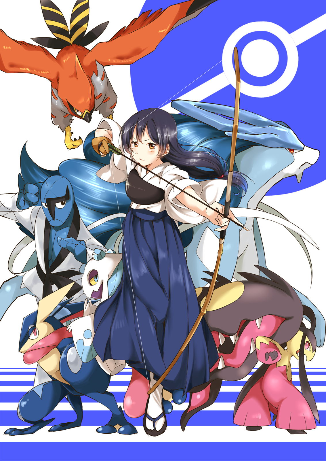 froslass, greninja, mawile, sawk, sonoda umi, suicune, talonflame, nintendo, pokemon, 1girl, archery, blue hair, gen 2 pokemon, gen 3 pokemon, gen 4 pokemon, gen 5 pokemon, gen 6 pokemon, kyuudou, legendary pokemon