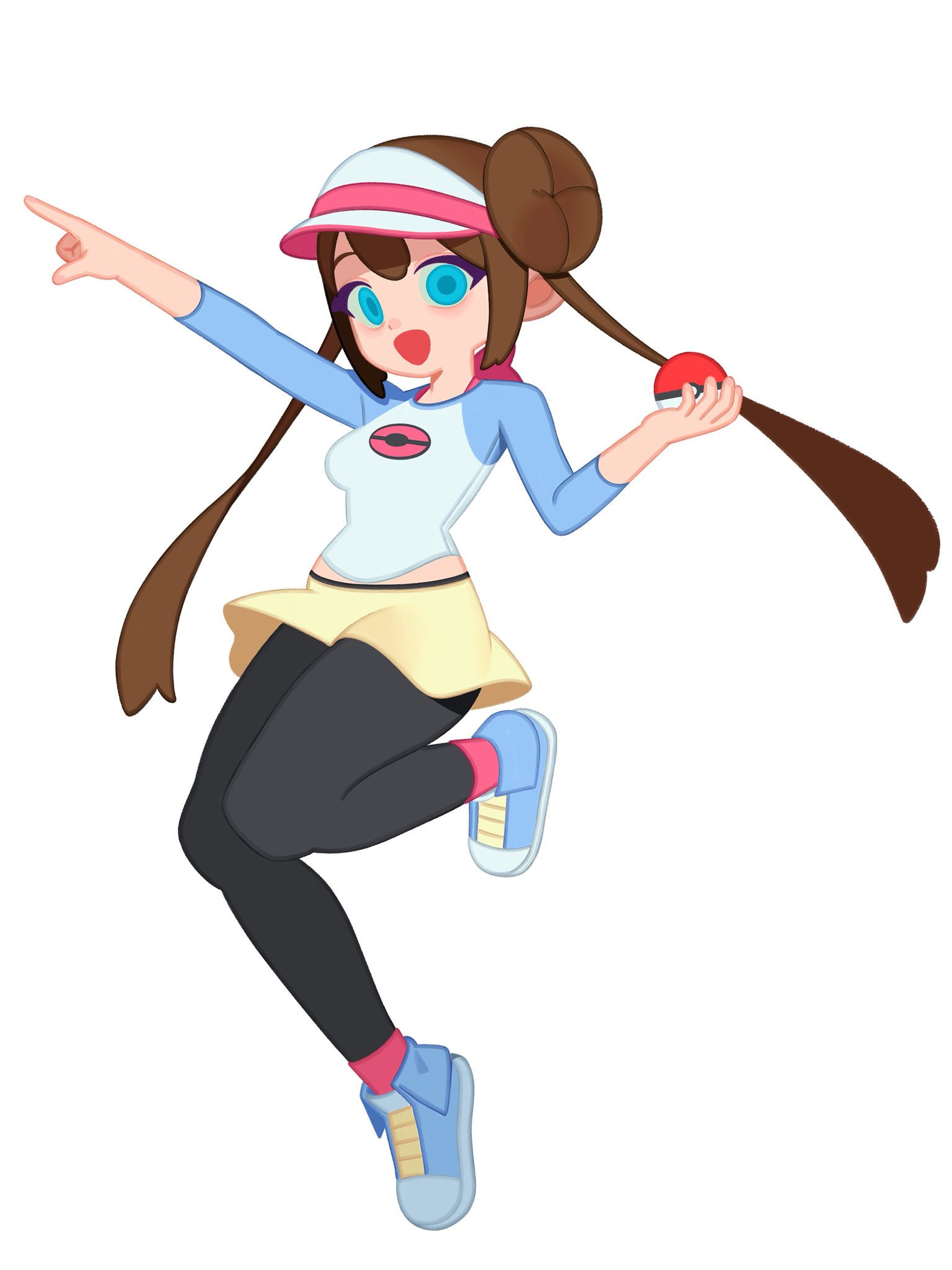 monster l (hochihochiha), rosa (pokemon), nintendo, pokemon, pokemon bw2, highres, 1girl, blue eyes, breasts, brown hair, double bun, full body, hair bun, holding, long hair, open mouth, pantyhose, pointing, poke ball, raglan sleeves, shoes, simple background, smile, solo, twintails, visor cap, white background