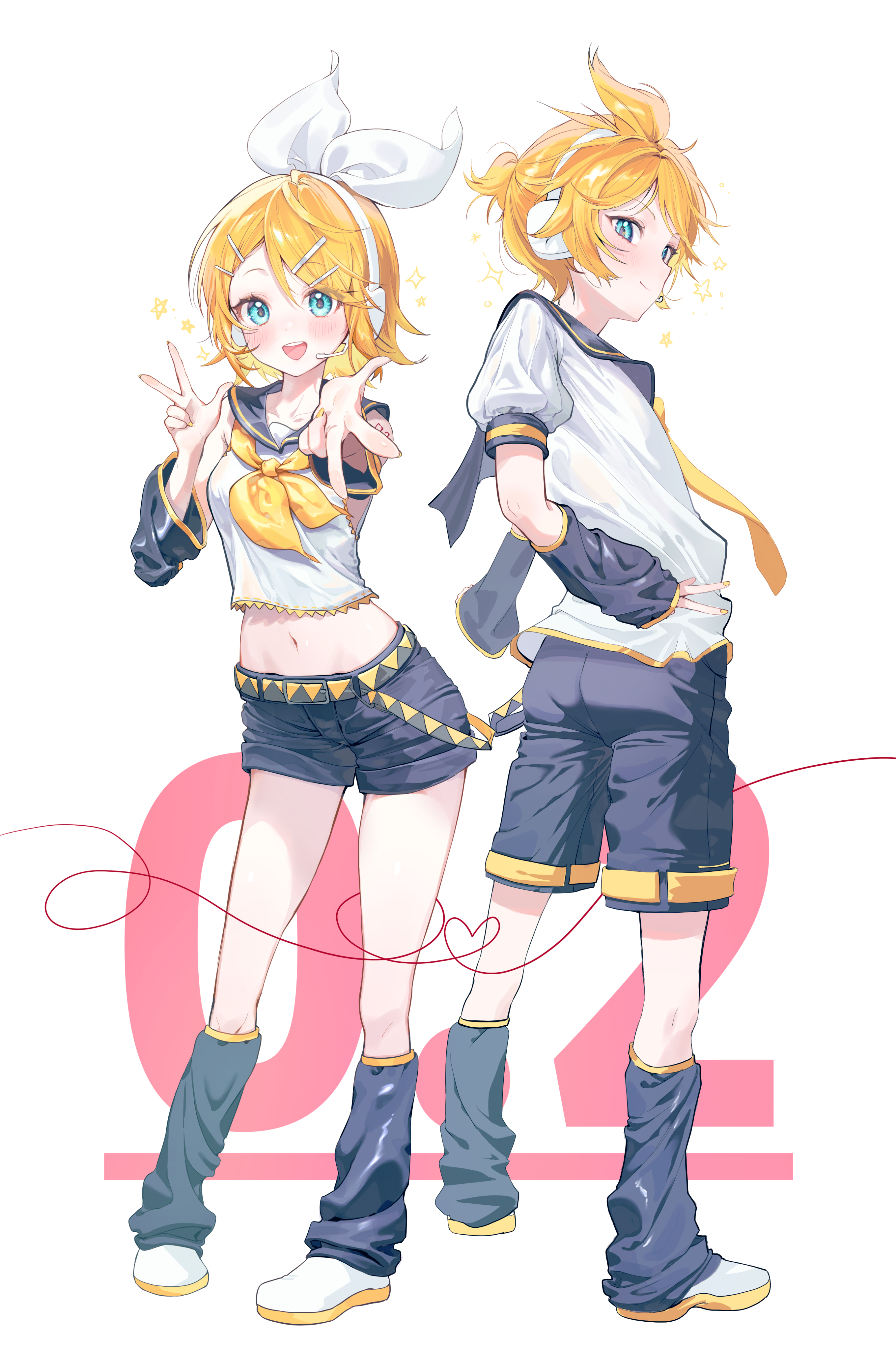limu838, kagamine len, kagamine rin, vocaloid, absurdres, commentary, highres, 1boy, 1girl, :d, black leg warmers, black sailor collar, black shorts, black sleeves, blonde hair, blue eyes, blush, bow, breasts, closed mouth, crop top, detached sleeves, frilled shirt, frills, full body, gyaru w, hair bow, hair ornament, hairclip, hand on own hip, hand up, headset, heart, heart of string, leg warmers, looking at viewer, midriff, navel, neckerchief, necktie, open mouth, outstretched arm, sailor collar, shirt, shoes, short hair, short shorts, short sleeves, shorts, sidelocks, sleeveless, sleeveless shirt, small breasts, smile, sparkle, spiked hair, standing, star (symbol), string, string of fate, teeth, upper teeth only, w, white background, white bow, white shirt, white shoes, wide sleeves, yellow nails, yellow neckerchief, yellow necktie, yellow trim