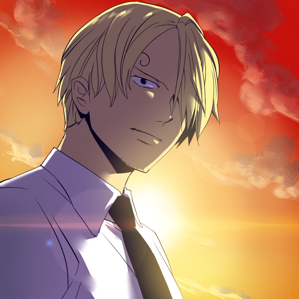 hinoe (dd works), sanji (one piece), one piece, bad id, bad pixiv id, highres, 1boy, black necktie, blonde hair, cloud, collared shirt, facial hair, goatee stubble, hair over one eye, male focus, necktie, outdoors, shirt, sky, solo, stubble, sunset, white shirt