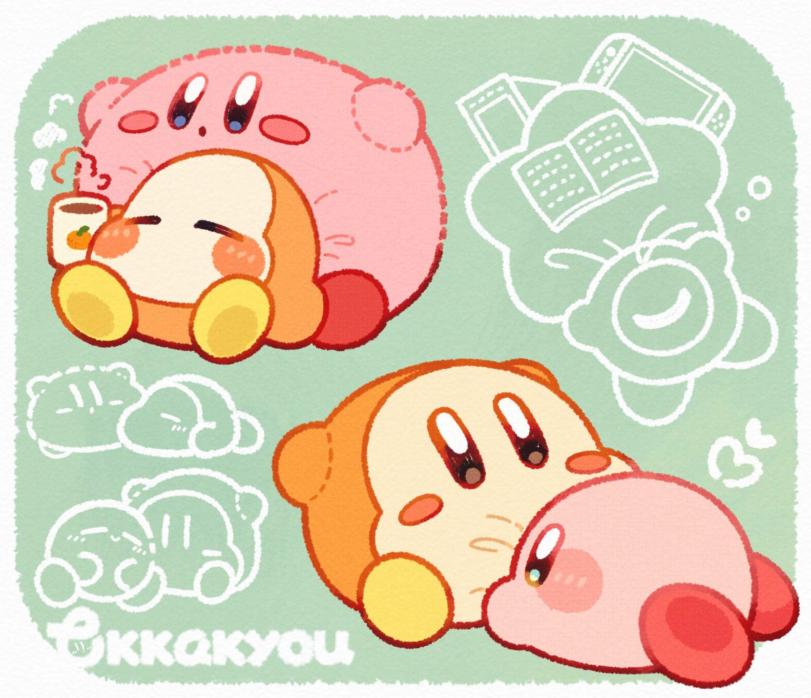 tokkakyou, kirby, waddle dee, kirby (series), nintendo, commentary request, highres, blue eyes, blush stickers, border, brown eyes, closed eyes, cup, green background, no humans, outside border, signature, white border