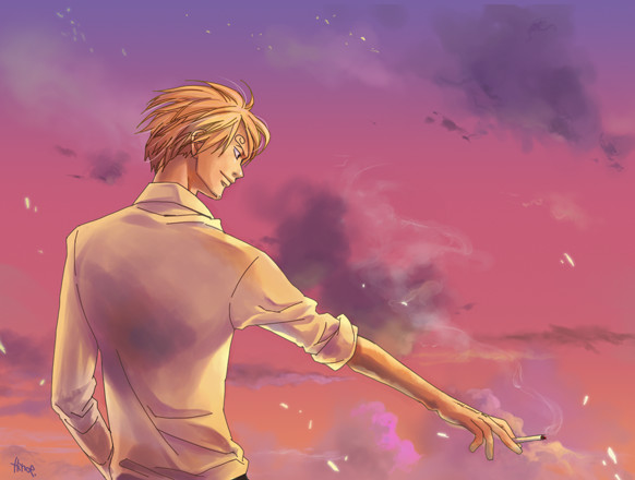 hinoe (dd works), sanji (one piece), one piece, 1boy, blonde hair, cigarette, cloud, collared shirt, male focus, manly, shirt, sky, smoking, solo, standing, sunset, white shirt