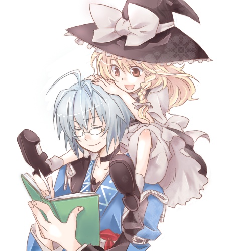 ararararagi, kirisame marisa, morichika rinnosuke, curiosities of lotus asia, touhou, silver hair, lowres, 1boy, 1girl, ahoge, annoyed, blonde hair, book, bow, braid, carrying, choker, closed eyes, glasses, hair ribbon, hat, hat bow, head on head, head rest, long hair, on head, open book, person on head, piggyback, reading, ribbon, shoes, short hair, shoulder carry, sweatdrop