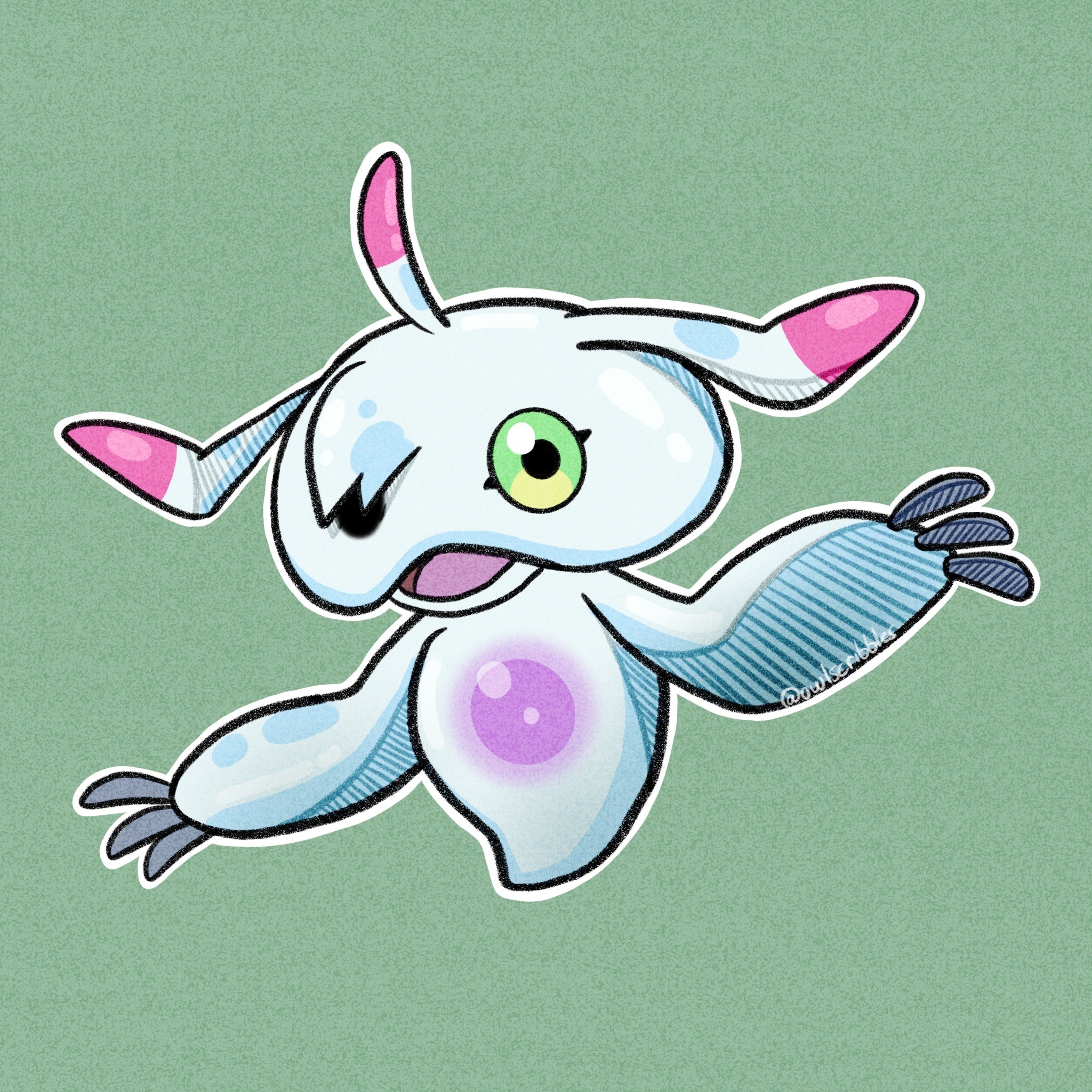 ukkomon, digimon, highres, digimon (creature), green background, green eyes, looking at viewer, no humans, open mouth, outline, owlscribbless, simple background, solo, white outline