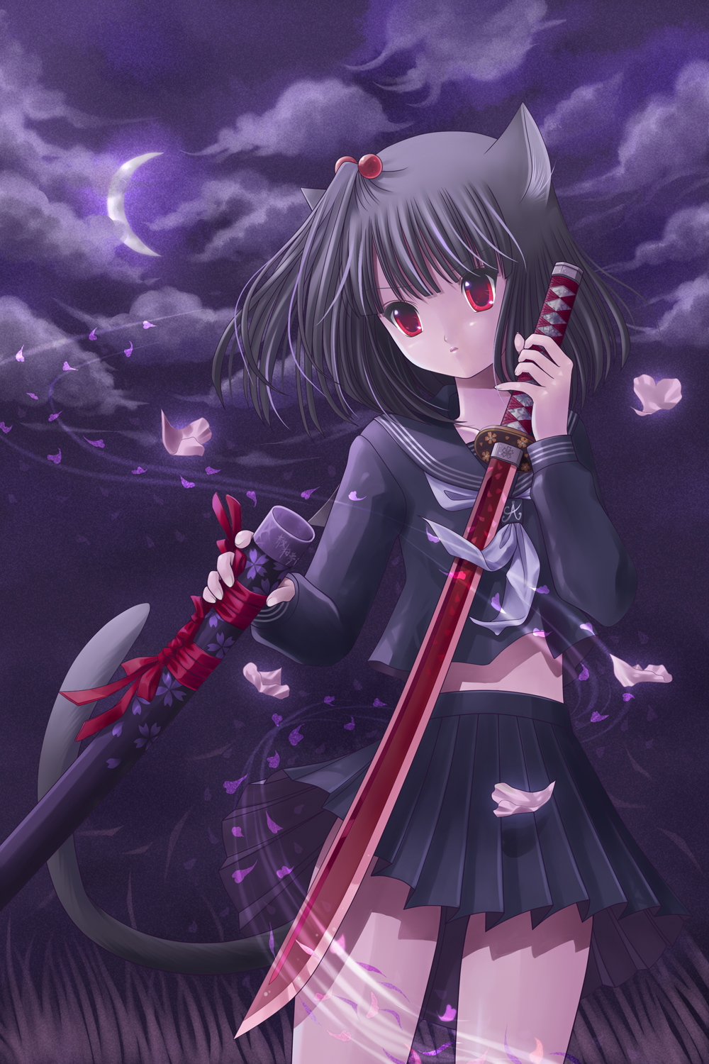 kuroinu, kanzaki miku, original, highres, animal ears, black hair, cat ears, cat tail, cherry blossoms, cloud, crescent moon, floral print, hair bobbles, hair ornament, katana, moon, night, petals, red eyes, ribbon, school uniform, serafuku, sheath, side ponytail, skirt, solo, sword, tail, weapon, wind