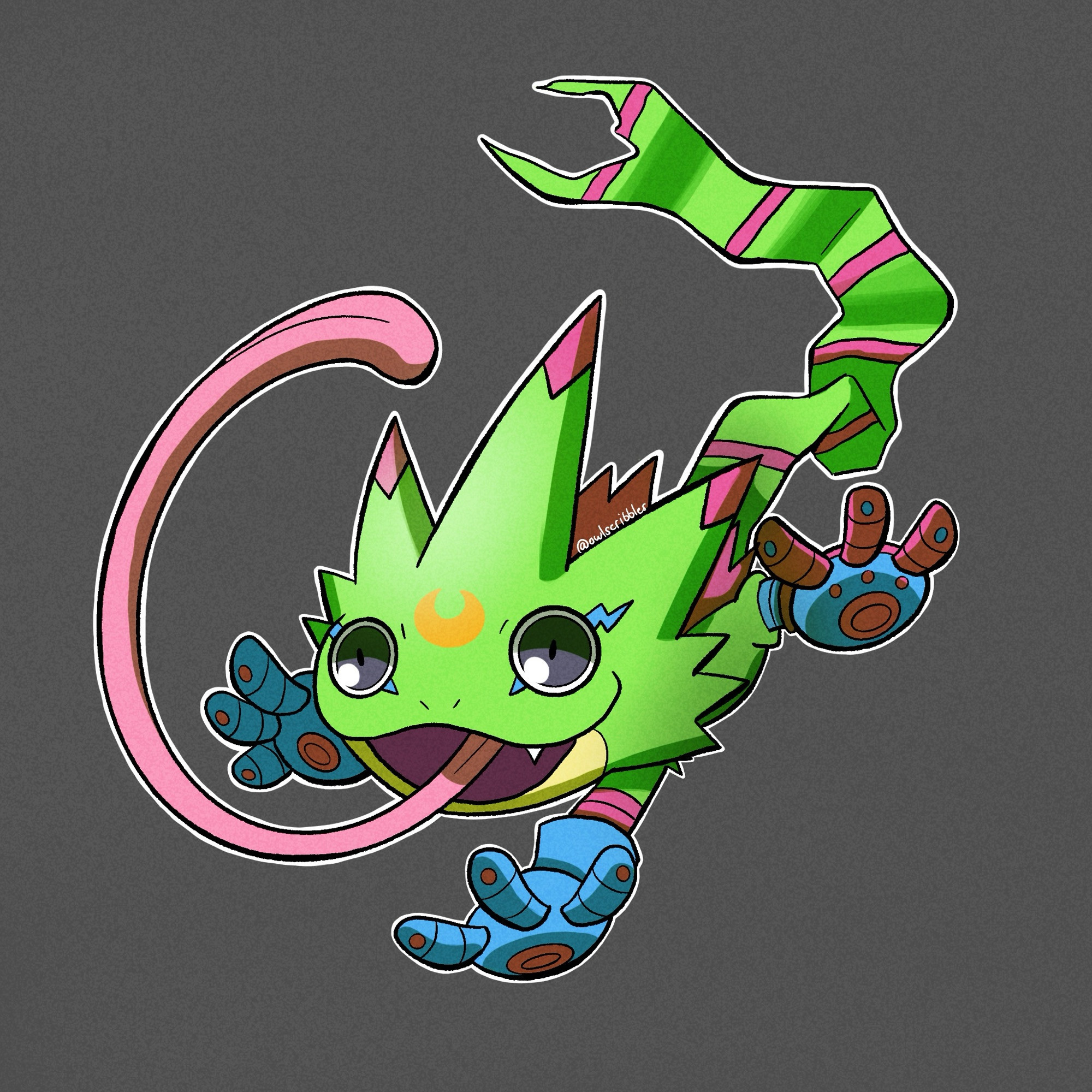 gekkomon, digimon, highres, digimon (creature), grey background, long tongue, no humans, open mouth, outline, owlscribbless, simple background, solo, tail, tongue, tongue out, white outline