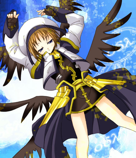 yagami hayate, lyrical nanoha, mahou shoujo lyrical nanoha, mahou shoujo lyrical nanoha a's, 00s, 1girl, arms up, beret, black gloves, black wings, blush, closed eyes, female focus, fingerless gloves, gloves, hair ornament, hat, long hair, long sleeves, solo, wings, x hair ornament