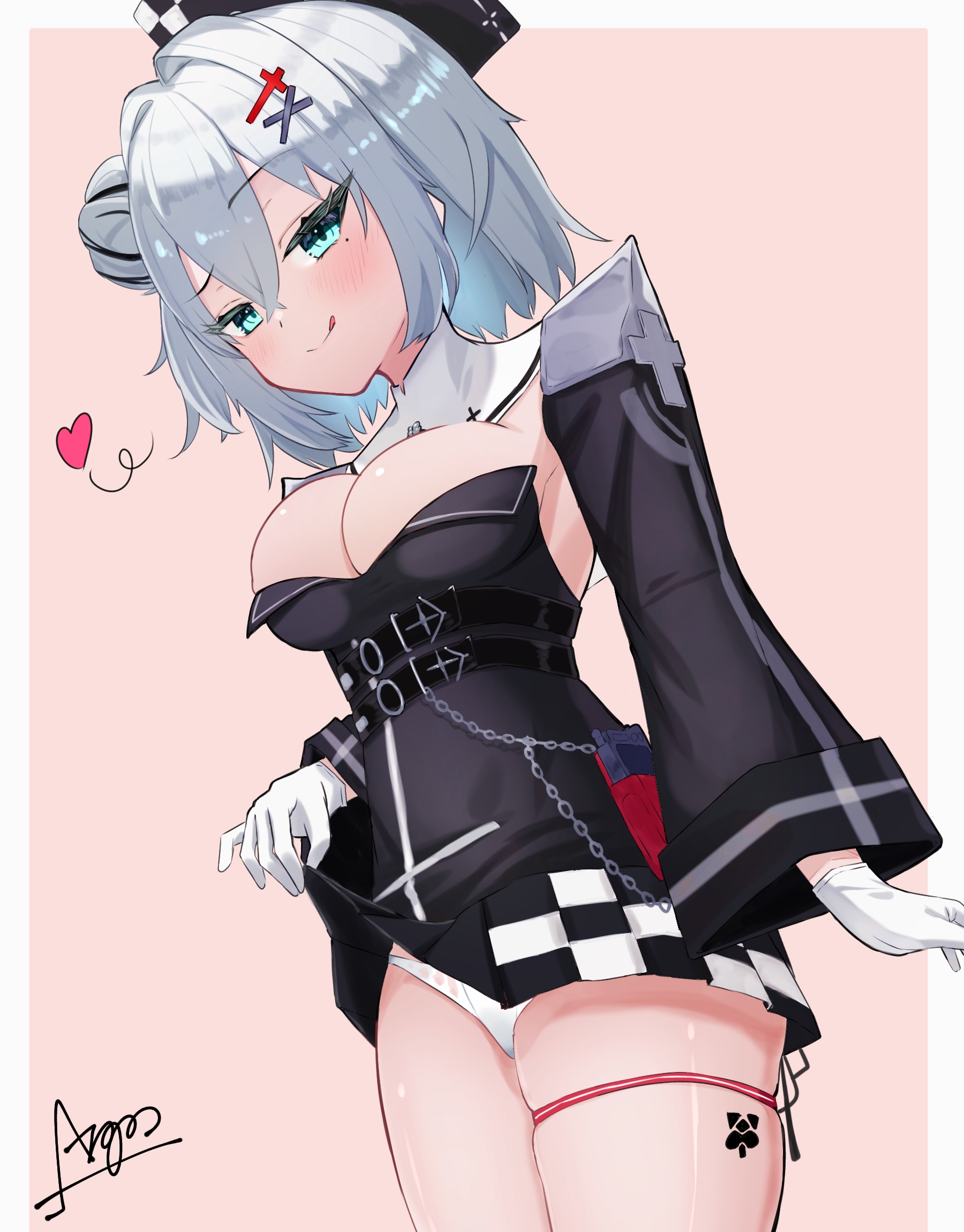 argar demo, jade (azur lane), azur lane, commentary request, highres, 1girl, :q, black hair, black jacket, black skirt, blue eyes, blush, breasts, cleavage, cleavage cutout, clothes lift, clothing cutout, cross hair ornament, from below, gloves, hair between eyes, hair bun, hair ornament, hairclip, heart, hip focus, jacket, leg tattoo, lifting own clothes, long sleeves, looking at viewer, looking down, medium breasts, medium hair, miniskirt, multicolored hair, no bra, panties, pleated skirt, presenting, seductive smile, skin tight, skindentation, skirt, skirt lift, smile, solo, streaked hair, tattoo, teasing, thigh strap, thighs, tongue, tongue out, two-tone hair, underwear, white gloves, white hair, white panties, wide sleeves, x hair ornament