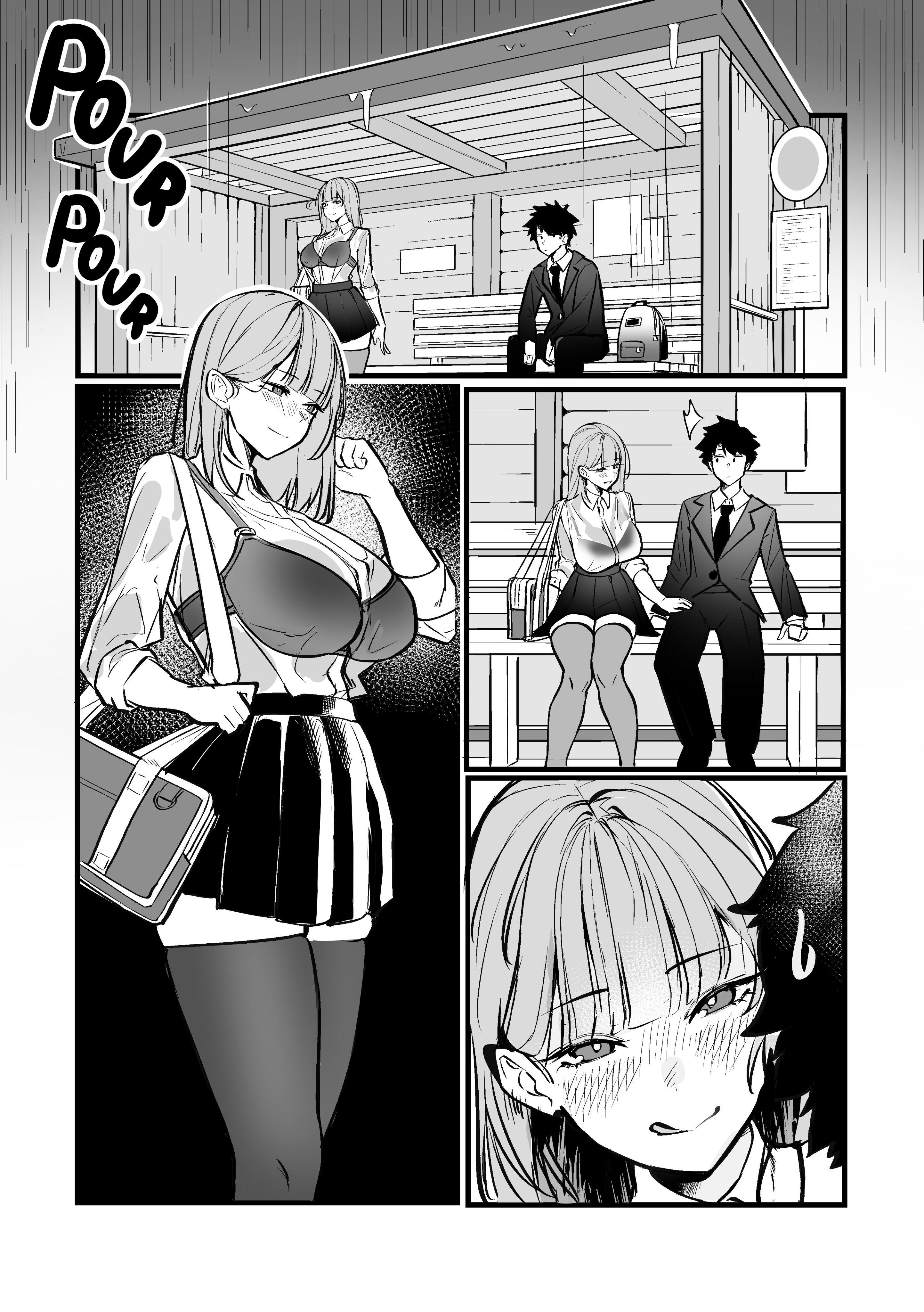 mirui09, original, absurdres, commentary, highres, symbol-only commentary, 1boy, 1girl, :q, backpack, bag, bench, blunt bangs, blush, bra visible through clothes, breasts, bus stop, closed mouth, collared shirt, grey background, greyscale, hand on another's thigh, hetero, jacket, large breasts, licking lips, long hair, long sleeves, looking at another, miniskirt, monochrome, naughty face, necktie, on bench, outdoors, pants, pleated skirt, rain, see-through clothes, see-through shirt, shirt, short hair, shoulder bag, sitting, skirt, smile, sound effects, standing, sweatdrop, thighhighs, tongue, tongue out, wet, wet clothes, wet shirt, zettai ryouiki