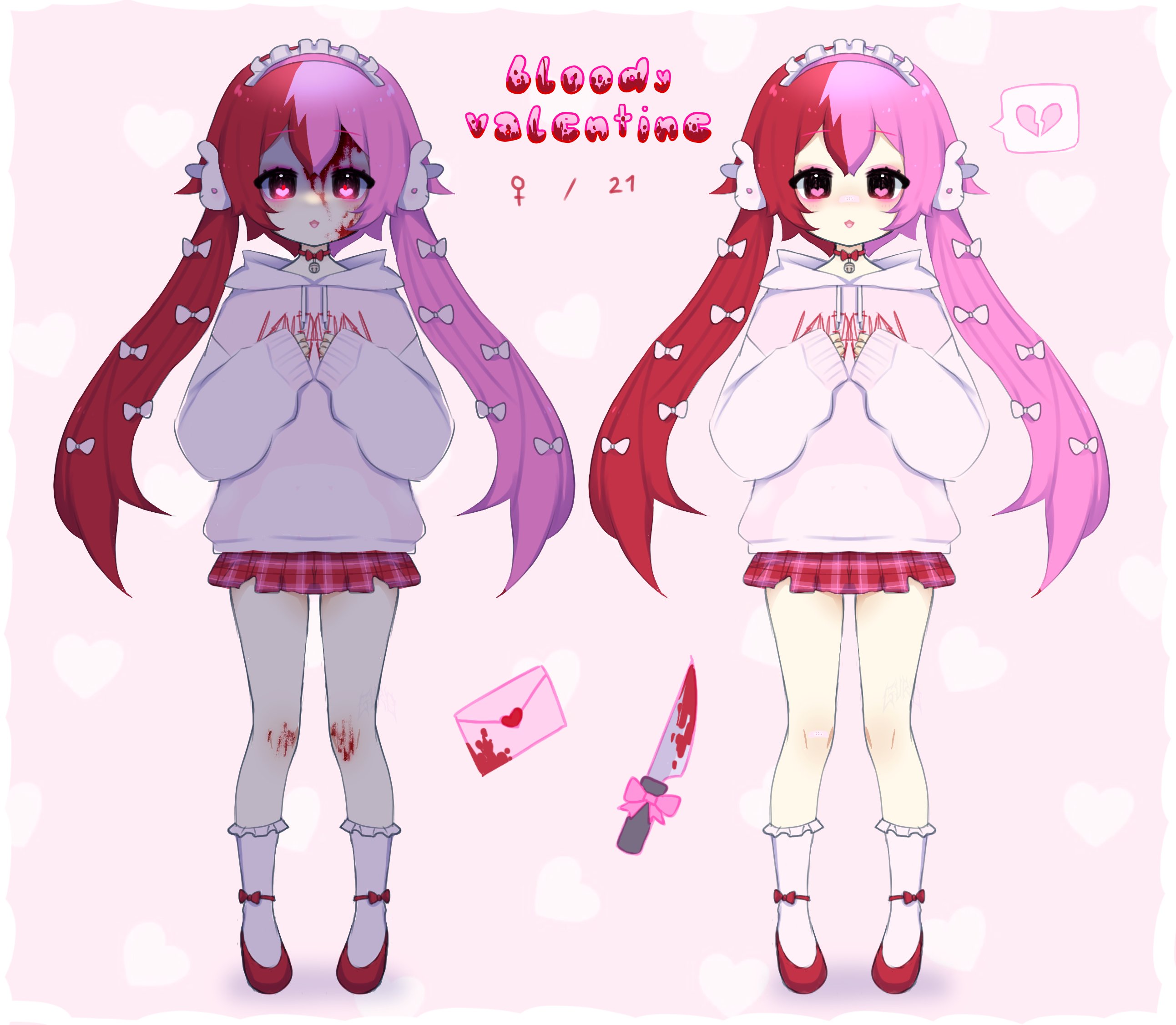 houndeater, original, highres, 1girl, blood, bow, choker, full body, hair bow, hair ornament, hairband, hood, hoodie, knife, pink hair, plaid clothes, plaid skirt, rabbit hair ornament, red hair, red shoes, scraped knee, shoes, skirt, socks, standing