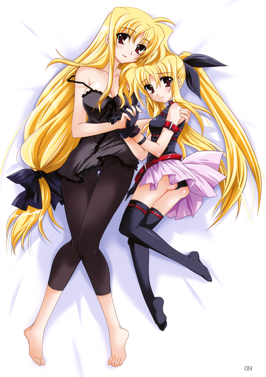 kanna (plum), fate testarossa, fate testarossa (original form), lyrical nanoha, mahou shoujo lyrical nanoha, mahou shoujo lyrical nanoha strikers, highres, non-web source, scan, 00s, 2girls, aged down, aged up, arm belt, armband, ass, bare shoulders, barefoot, bed, belt, black leggings, blonde hair, blush, breasts, chemise, cleavage, dual persona, feet, flat chest, gloves, hair ribbon, happy, holding hands, hug, large breasts, leggings, leotard, long hair, low-tied long hair, lying, magical girl, multiple girls, no bra, on back, on side, page number, pantyhose, red eyes, ribbon, skirt, smile, strap, strap slip, thigh gap, thighhighs, thighs, time paradox, turtleneck, twintails, very long hair, wristband