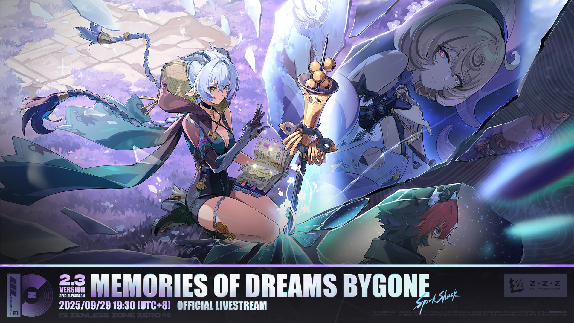 komano manato, lucia (zenless zone zero), yidhari (zenless zone zero), zenless zone zero, highres, official art, 1boy, 2girls, animal ears, bare shoulders, black hat, blonde hair, blue hair, book, boots, braid, breasts, broken glass, detached sleeves, dog boy, english text, glass, green eyes, hat, high heel boots, high heels, hood, horns, monster girl, multicolored hair, multiple girls, pointy ears, purple eyes, red eyes, red hair, reflection, seiza, short hair, shorts, sitting, staff, tentacles, thigh strap, thighs