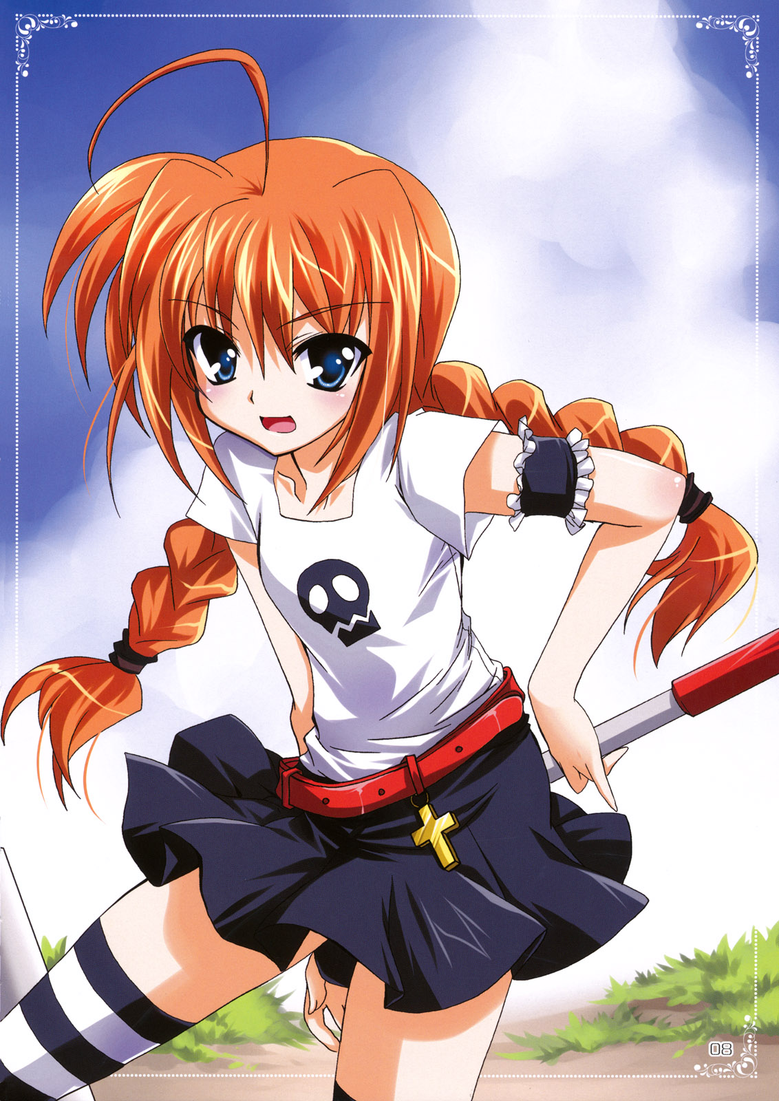 kanna (plum), graf eisen, vita (nanoha), lyrical nanoha, mahou shoujo lyrical nanoha, mahou shoujo lyrical nanoha a's, highres, non-web source, scan, 00s, 1girl, ahoge, arm garter, belt, blue eyes, blush, braid, casual, child, cloud, cross, day, female focus, flat chest, grass, hammer, long hair, nature, orange hair, outdoors, page number, shirt, skirt, skull, sky, solo, striped clothes, striped thighhighs, t-shirt, thighhighs, twin braids, zettai ryouiki