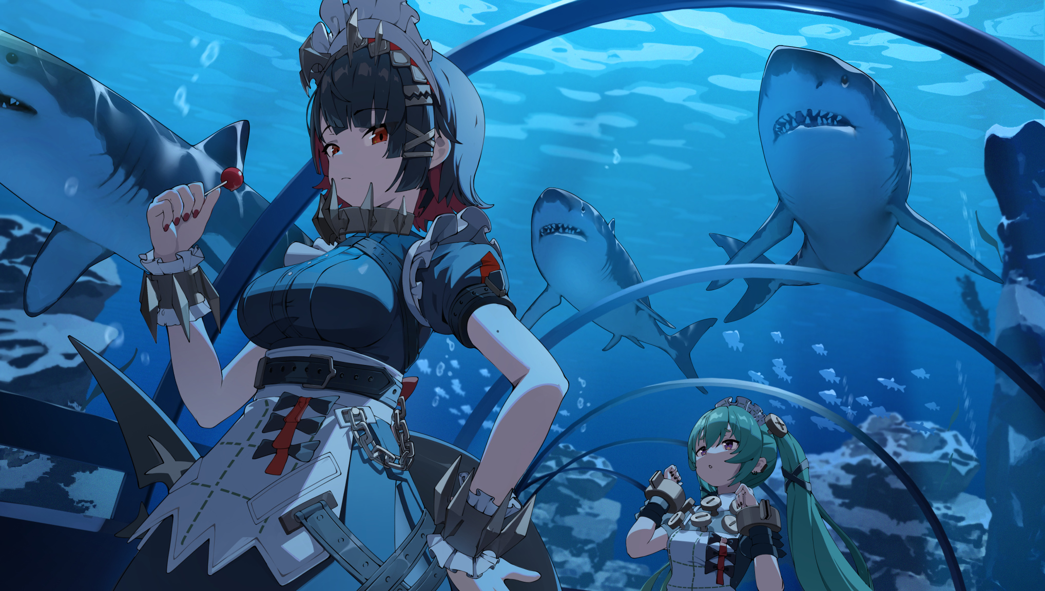 kagemoe1003, corin wickes, ellen joe, zenless zone zero, highres, 2girls, apron, aquarium, arms up, black bow, black hair, bow, candy, chain, closed mouth, colored inner hair, cuffs, fins, fish, fish tail, food, frilled wristband, green hair, hair ornament, hairband, hand on own hip, holding, holding candy, holding food, holding lollipop, indoors, lollipop, looking at viewer, looking up, maid, maid apron, maid headdress, metal hairband, mole, mole on arm, mole under eye, multicolored hair, multiple girls, open mouth, purple eyes, razor blade hair ornament, red eyes, red nails, rock, scar, scar on tail, screw, screw hair ornament, shark, shark girl, shark tail, short hair, spiked headband, tail, twintails, water, white apron