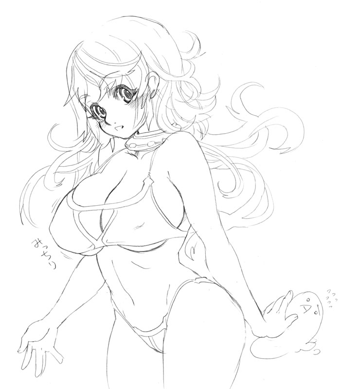 tsuutenkaaku, bikini, blush, breasts, choker, collar, greyscale, large breasts, long hair, monochrome, outline, solo, swimsuit