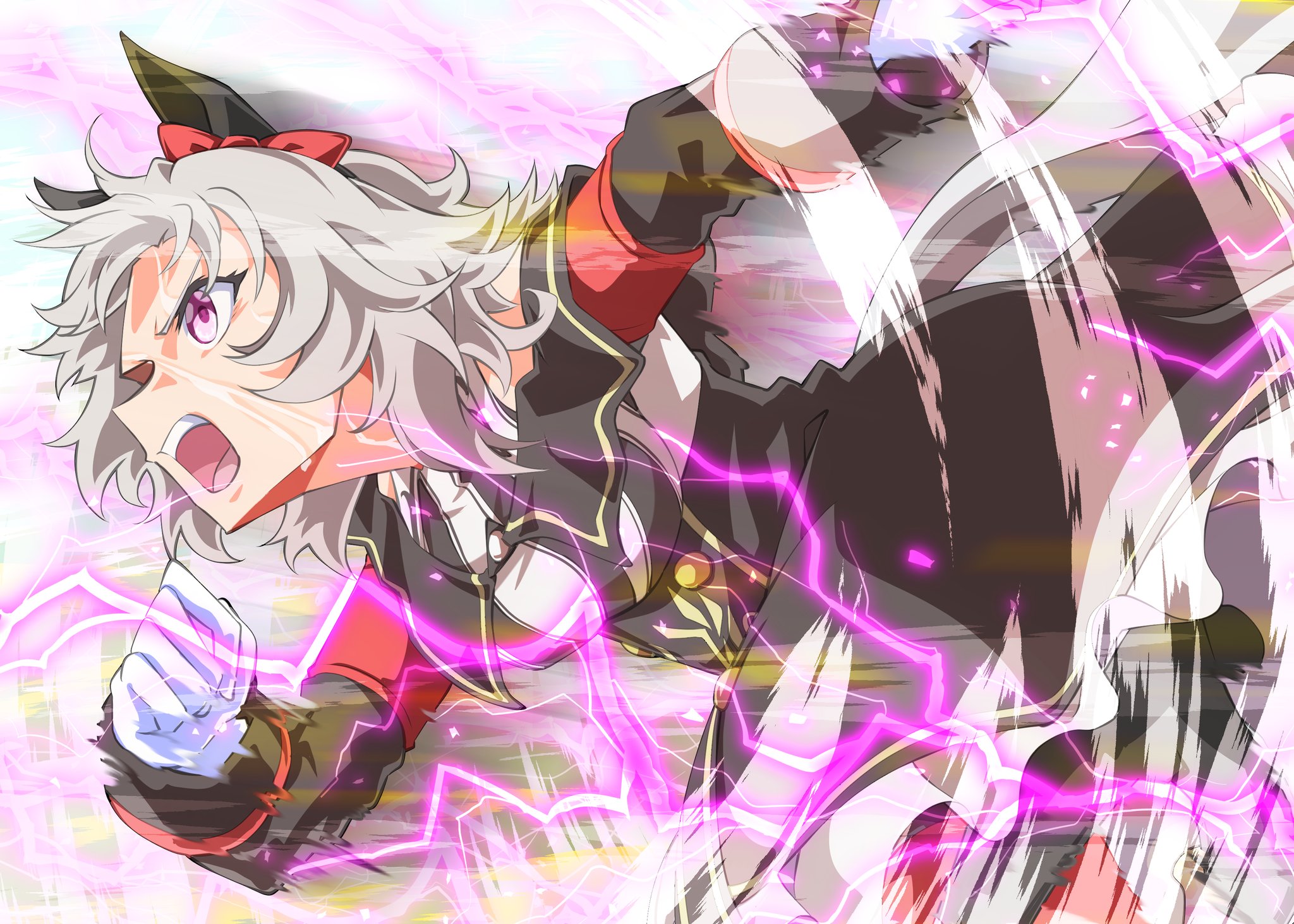 zukki (bijitaru), curren chan (fille eclair) (umamusume), curren chan (umamusume), umamusume, highres, 1girl, animal ears, aura, black dress, bow, breasts, coat, dress, ear bow, ear covers, gloves, grey hair, hair between eyes, horse ears, horse girl, horse tail, long sleeves, off-shoulder coat, off-shoulder dress, off-shoulder jacket, off shoulder, open mouth, purple eyes, red bow, short hair, solo, striped clothes, striped dress, sweat, tail, teeth, vertical-striped clothes, vertical-striped dress, white dress, white gloves