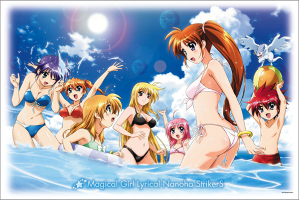 okuda yasuhiro, caro ru lushe, erio mondial, fate testarossa, friedrich (nanoha), subaru nakajima, takamachi nanoha, teana lanster, vivio, lyrical nanoha, mahou shoujo lyrical nanoha, mahou shoujo lyrical nanoha strikers, official art, 00s, 1boy, 6+girls, :d, ;d, age difference, ahoge, arm up, armpits, arms up, ass, ball, beachball, bikini, black bikini, blonde hair, blue eyes, blue hair, blush, border, bow, bow bikini, bracelet, breasts, butt crack, cleavage, clenched hand, cloud, copyright name, day, dragon, everyone, eye contact, flat chest, front-tie bikini top, front-tie top, green bikini, green eyes, groin, hair between eyes, happy, innertube, jewelry, large breasts, leaning, lens flare, light smile, long hair, looking at another, lowleg, lowleg bikini, male swimwear, midriff, moon, multiple girls, navel, ocean, one eye closed, open mouth, orange hair, outdoors, outstretched arms, partially submerged, pink bikini, pink hair, planet, ponytail, profile, purple eyes, red bikini, red eyes, red hair, red male swimwear, red swim trunks, scrunchie, short hair, short twintails, side-tie bikini bottom, side ponytail, sidelocks, sky, smile, spiked hair, splashing, standing, sun, swim ring, swim trunks, swimsuit, twintails, very long hair, wading, water, wet, white bikini, wide hips, wince, wink