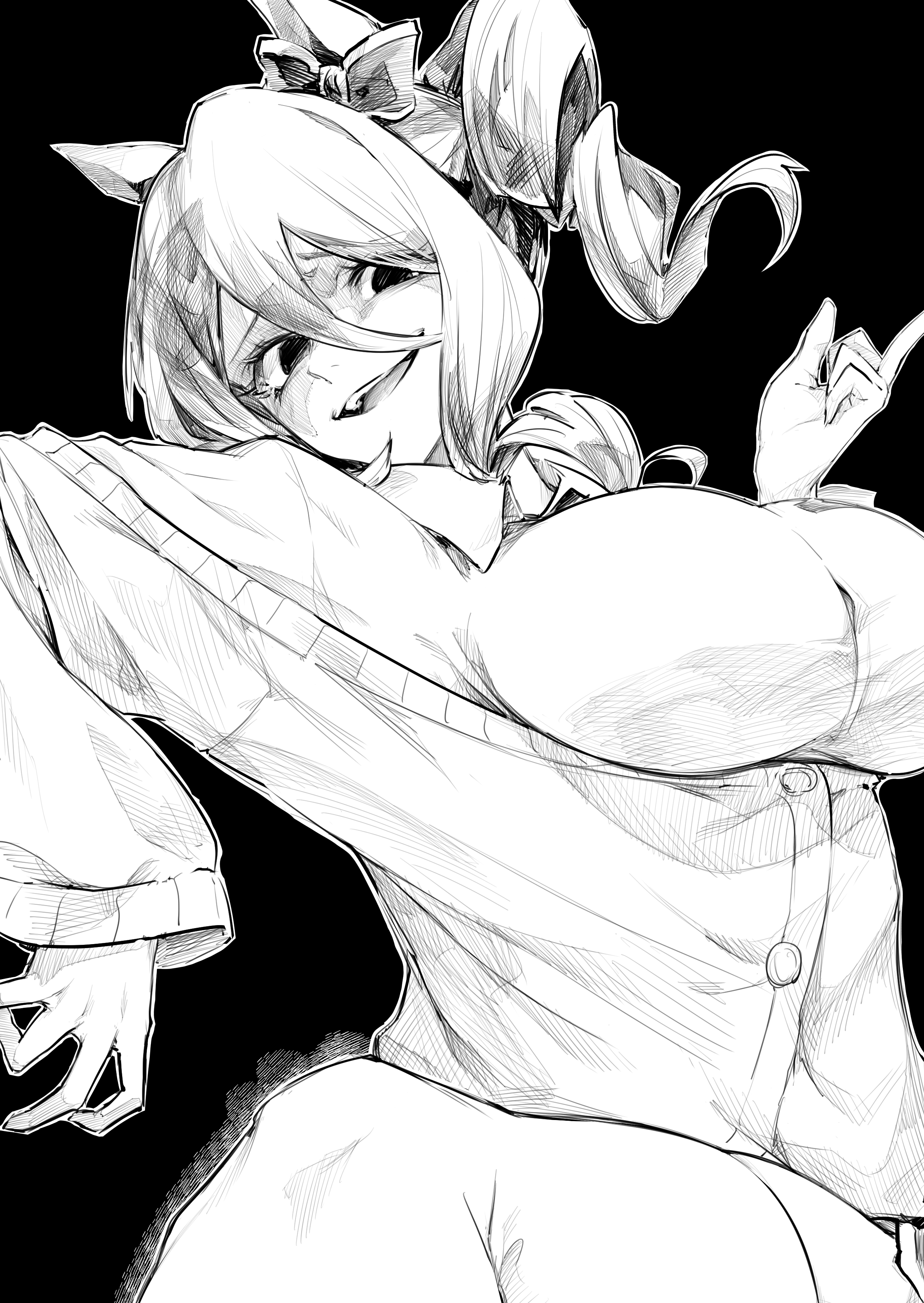 hasukurira, norn ace (umamusume), umamusume, absurdres, highres, 1girl, animal ears, bow, breasts, cardigan, ear ornament, greyscale, hair between eyes, horse ears, horse girl, horse tail, long sleeves, monochrome, side ponytail, smile, solo, tail