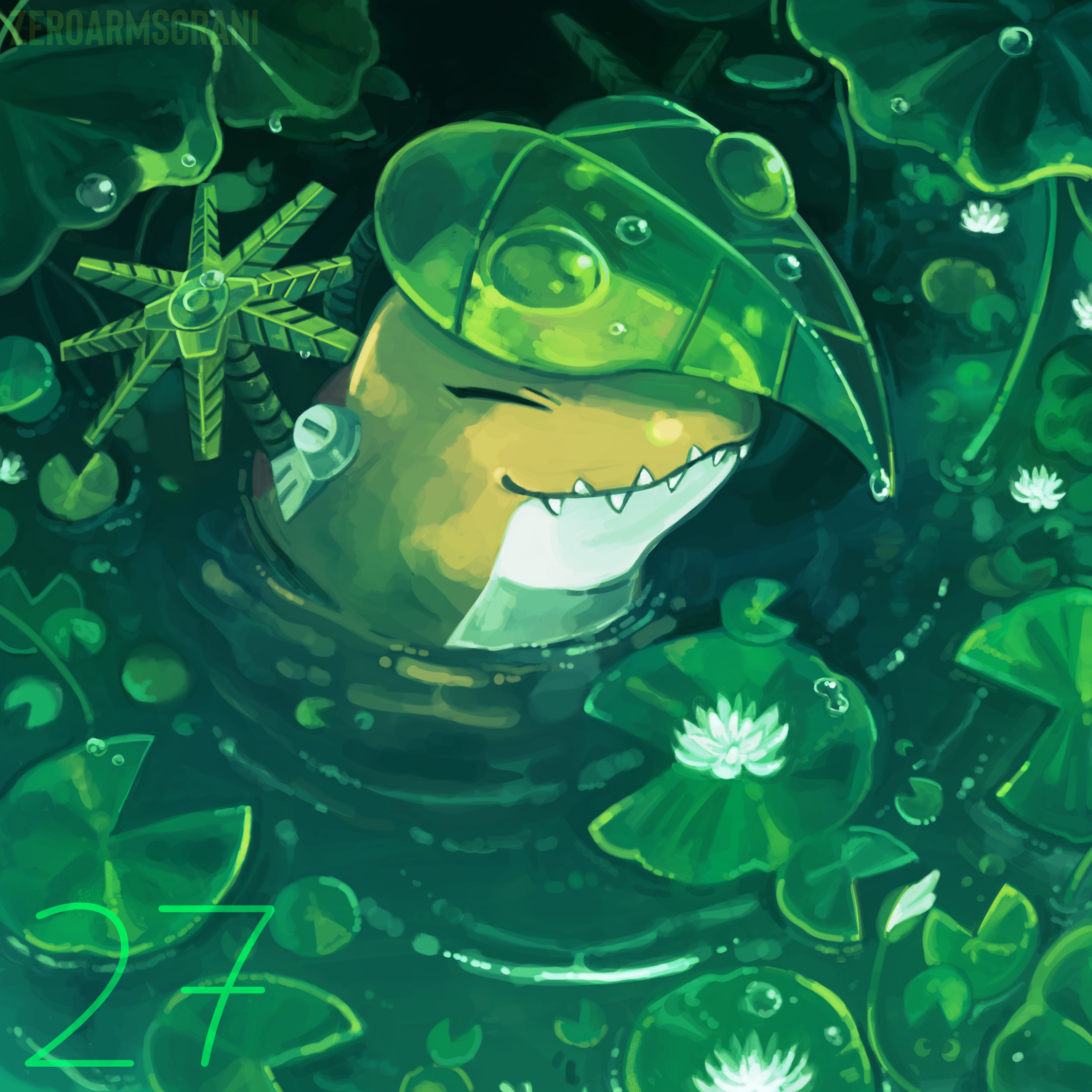 zeroarmsgrani, frogmon, digimon, absurdres, highres, artist name, closed eyes, digimon (creature), flower, leaf, lily pad, no humans, solo, water, white flower