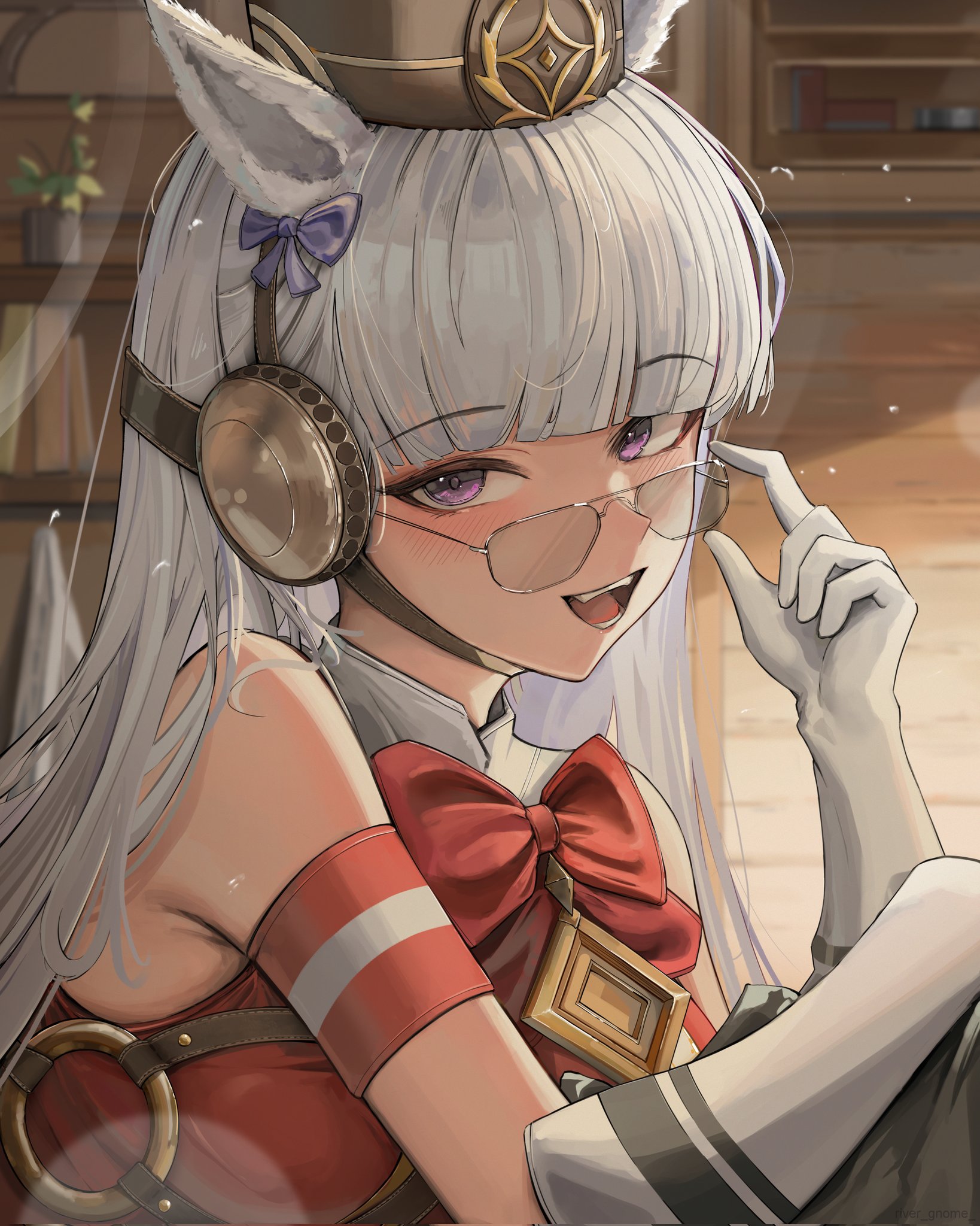 riuv187567, gold ship (red strife) (umamusume), gold ship (umamusume), umamusume, highres, 1girl, animal ears, armband, blunt bangs, blush, bookshelf, bow, bowtie, breasts, brown hat, dress, ear bow, glasses, gloves, grey hair, hat, horse ears, horse girl, indoors, long hair, looking at viewer, open mouth, pillbox hat, purple bow, purple eyes, red armband, red dress, sleeveless, sleeveless dress, smile, solo, striped armband, striped clothes, teeth, upper body, white armband, white gloves